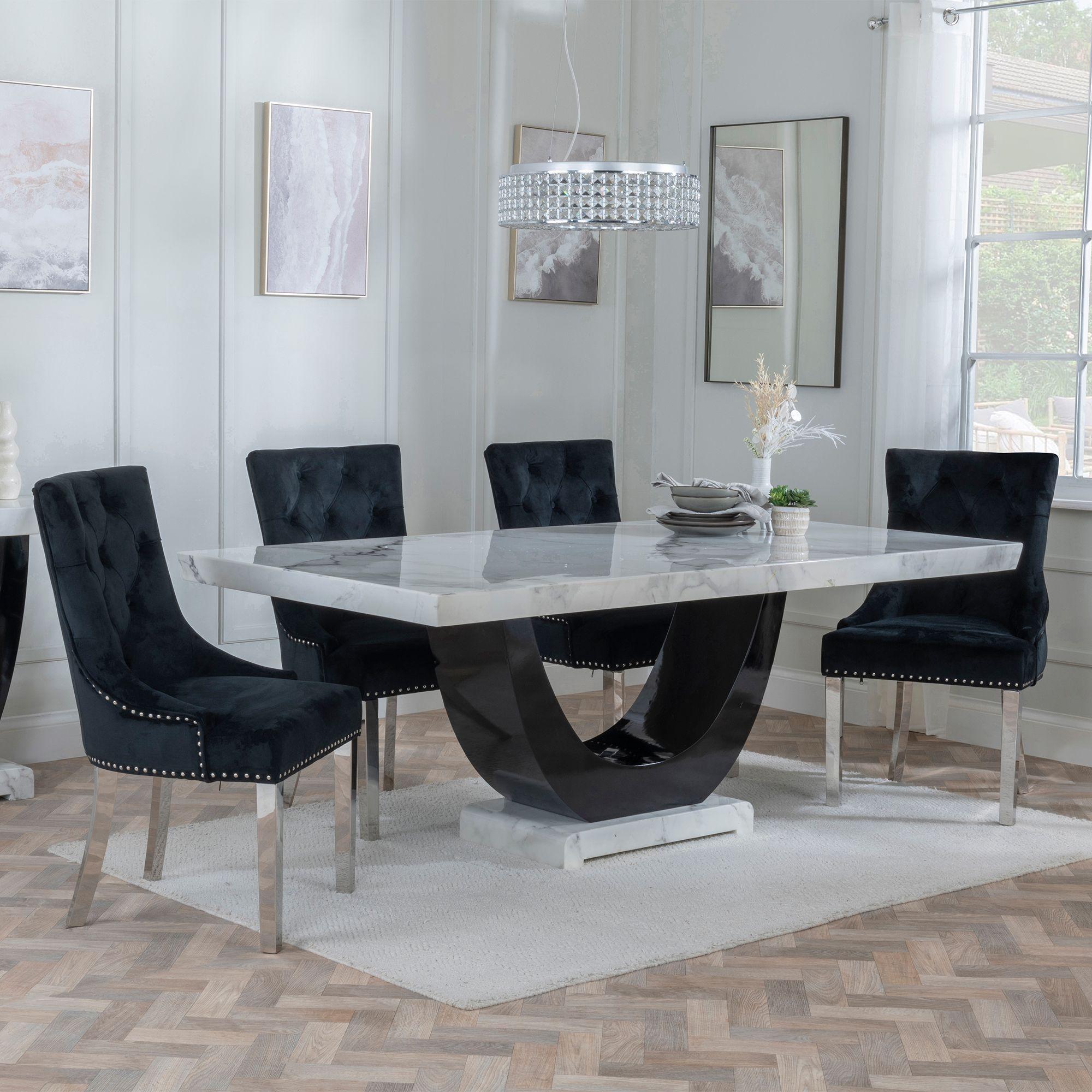 Madrid Dining Set - 6-8 Seater - 160cm-180cm - White Marble - Knocker Back Dining Chairs - Black Velvet Fabric - Chrome Legs