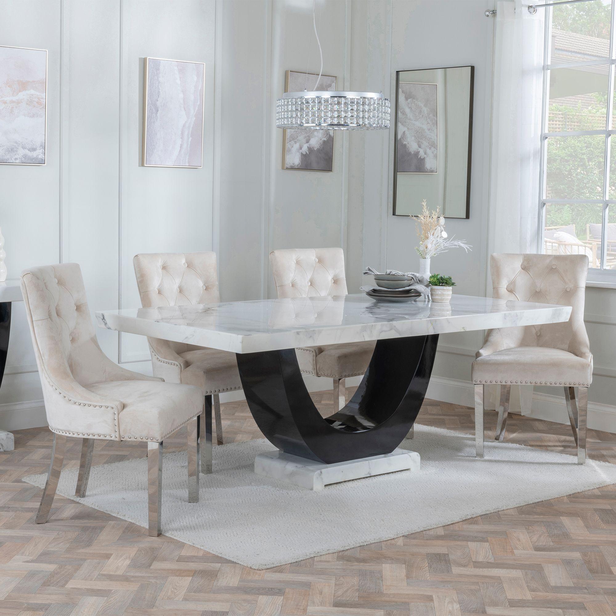 Madrid Dining Set - 6-8 Seater - 160cm-180cm - White Marble - Knocker Back Dining Chairs - Champagne Velvet Fabric - Chrome Legs
