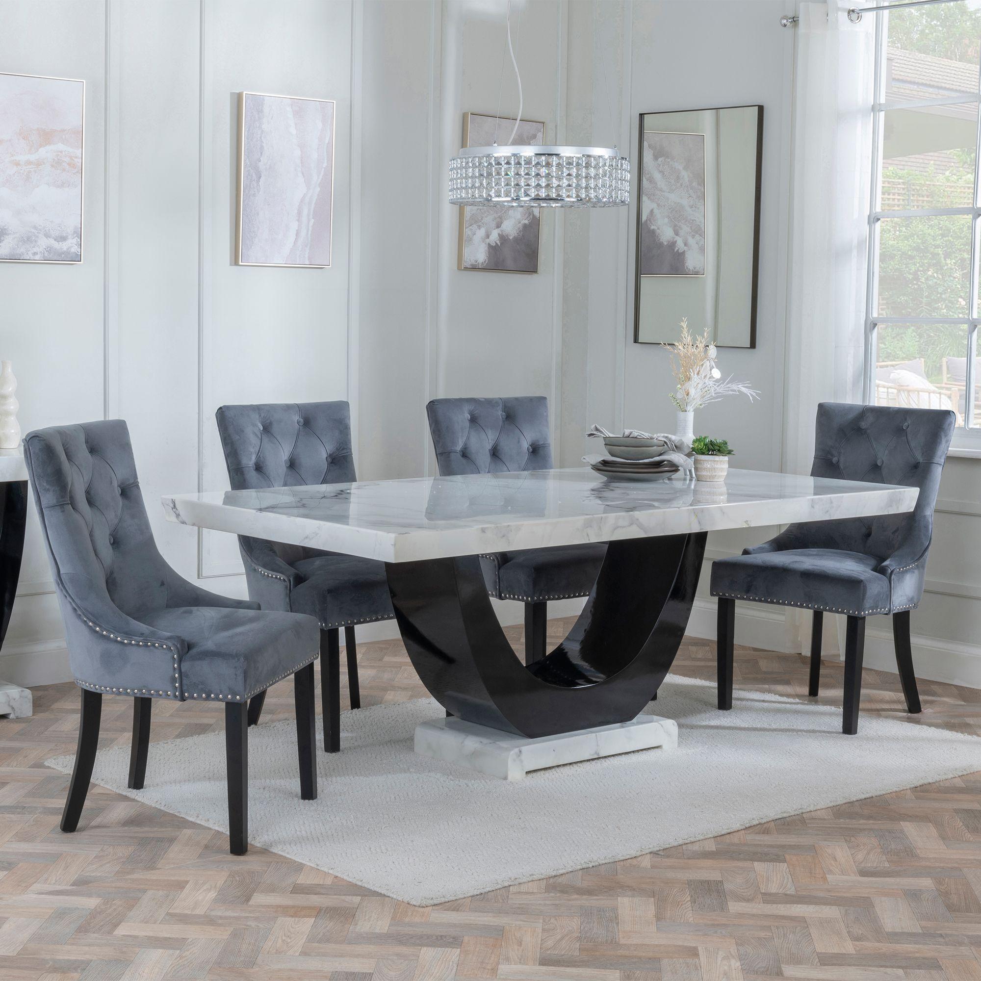Madrid Dining Set - 6-8 Seater - 160cm-180cm - White Marble - Knocker Back Dining Chairs - Grey Velvet Fabric - Black Wooden Legs