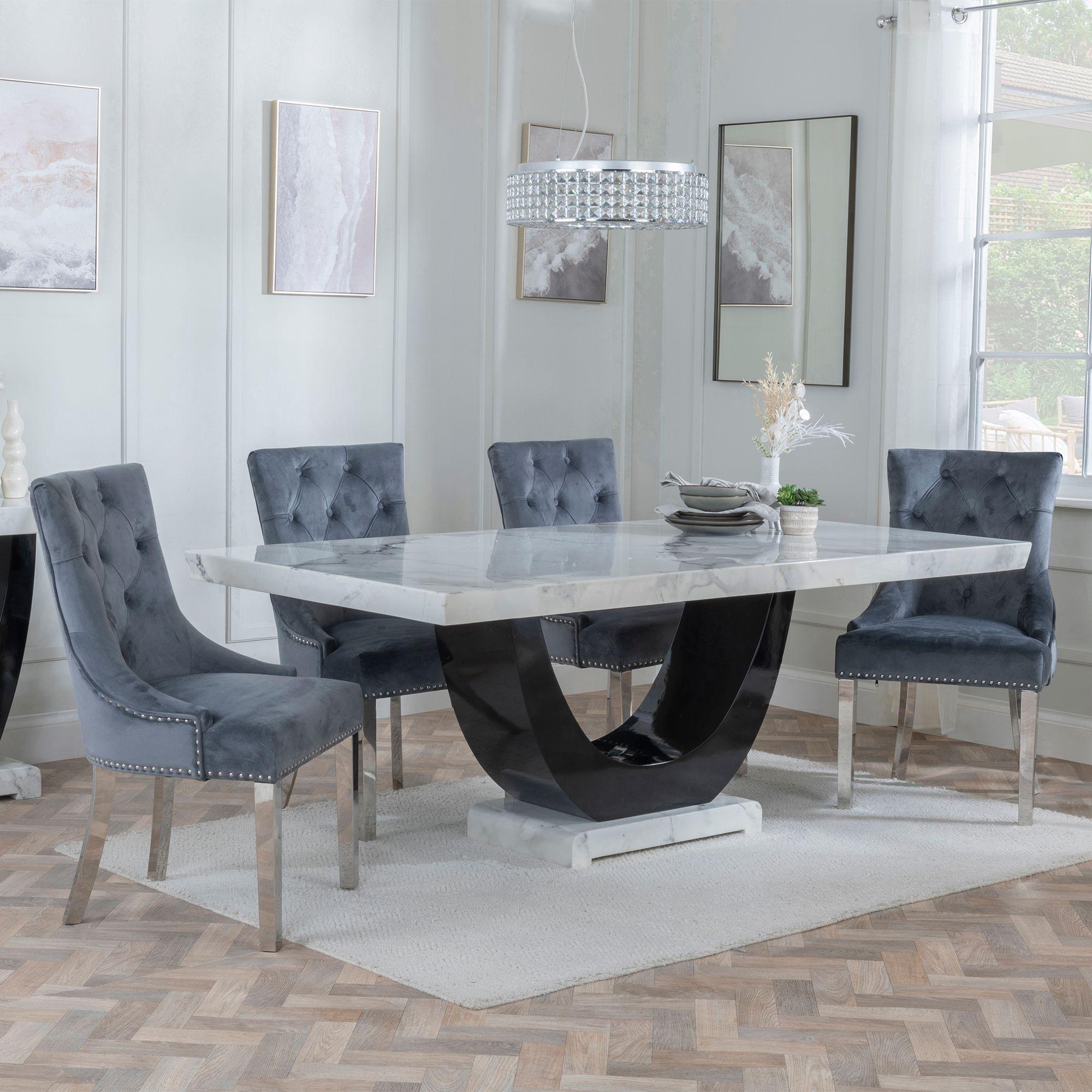 Madrid Dining Set - 6-8 Seater - 160cm-180cm - White Marble - Knocker Back Dining Chairs - Grey Velvet Fabric - Chrome Legs