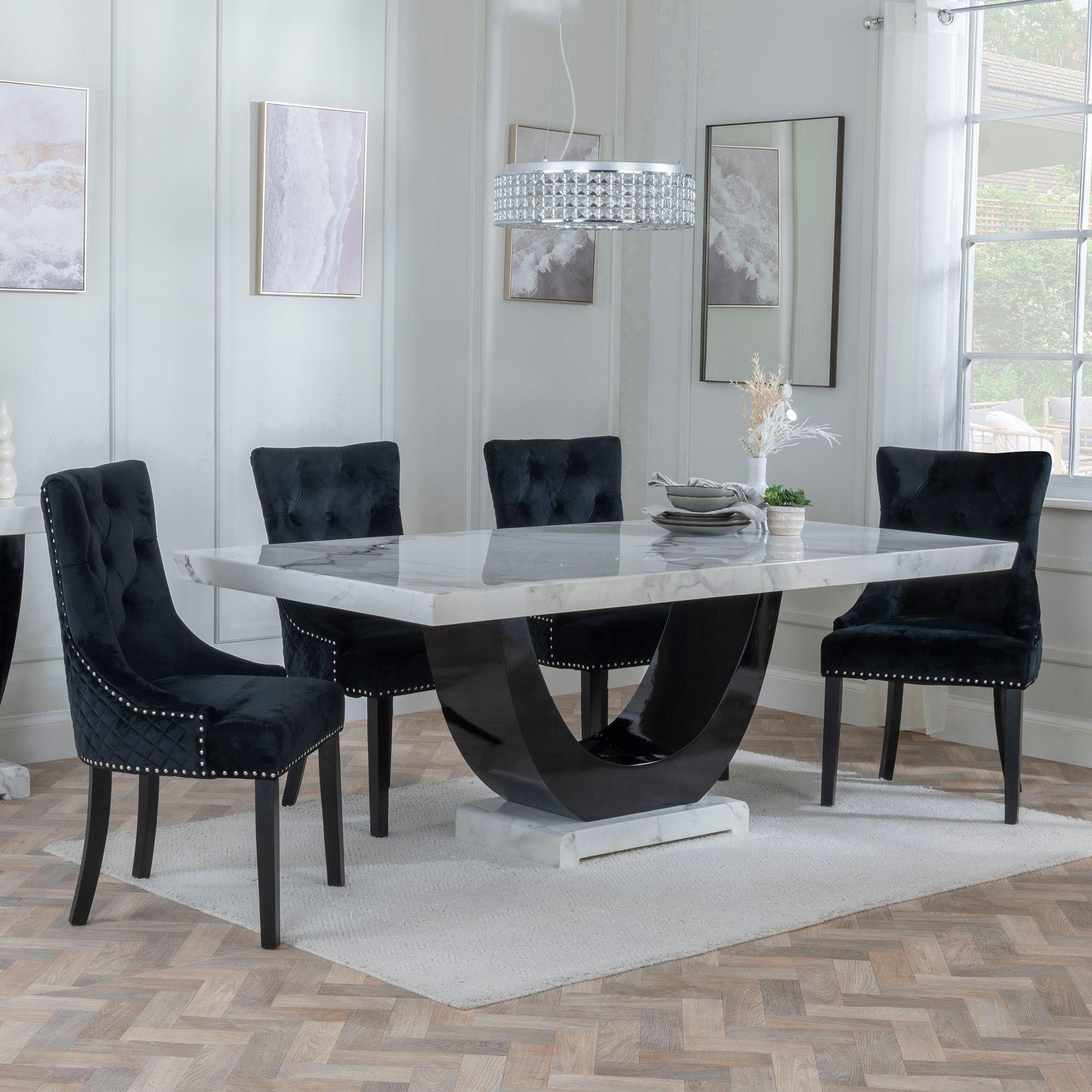 Madrid Dining Set - 6-8 Seater - 160cm-180cm - White Marble - Lion Knocker Back Dining Chairs - Black Velvet Fabric - Black Wooden Legs