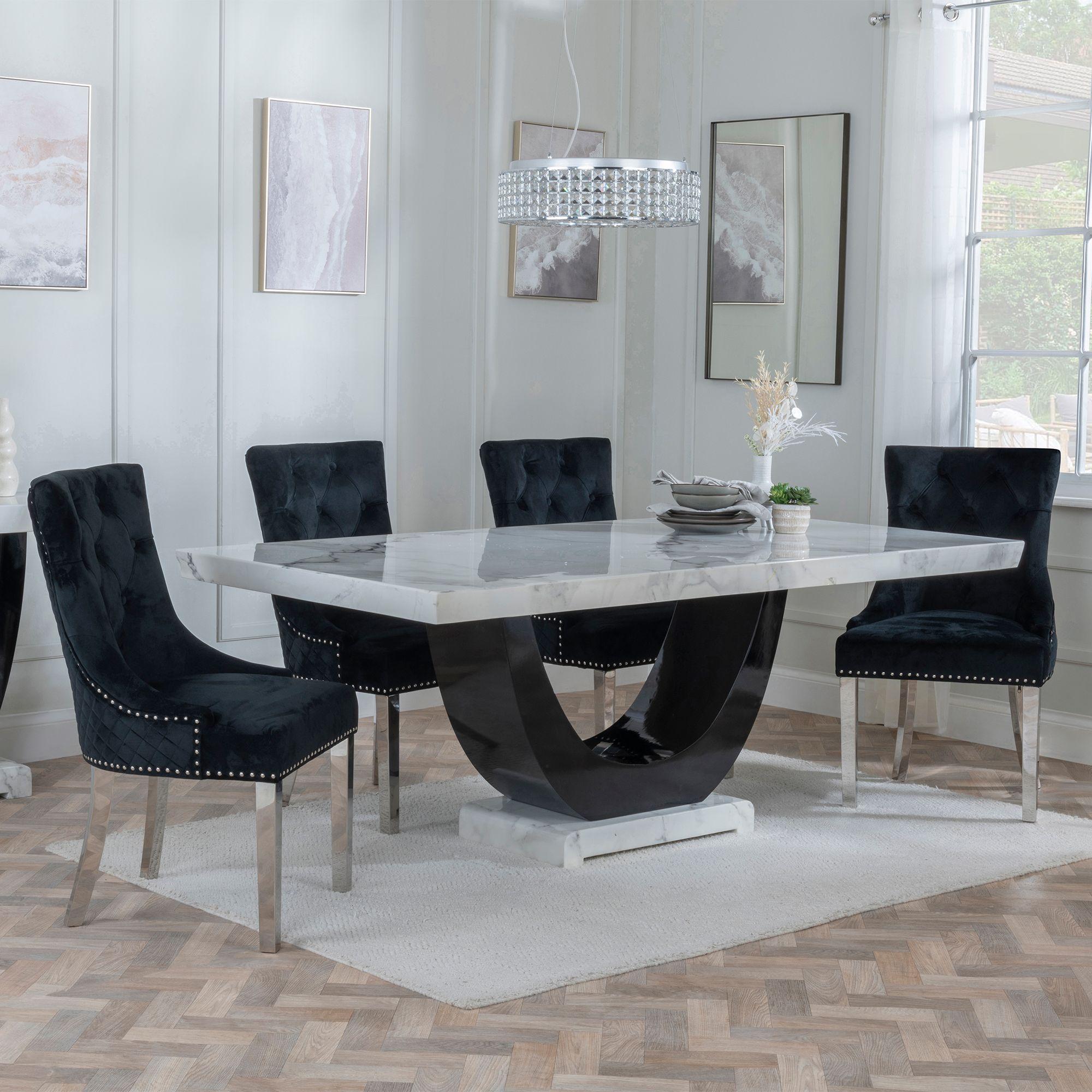 Madrid Dining Set - 6-8 Seater - 160cm-180cm - White Marble - Lion Knocker Back Dining Chairs - Black Velvet Fabric - Chrome Legs
