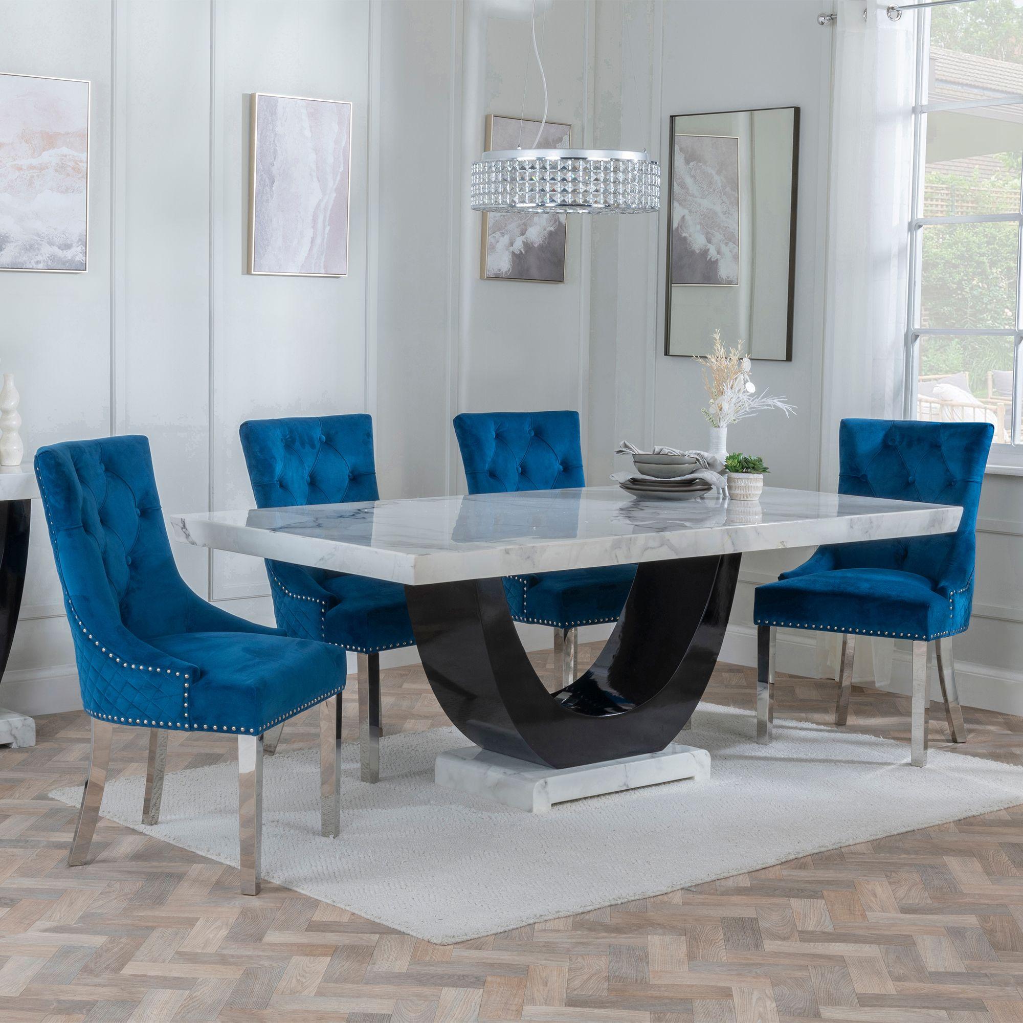 Madrid Dining Set - 6-8 Seater - 160cm-180cm - White Marble - Lion Knocker Back Dining Chairs - Blue Velvet Fabric - Chrome Legs