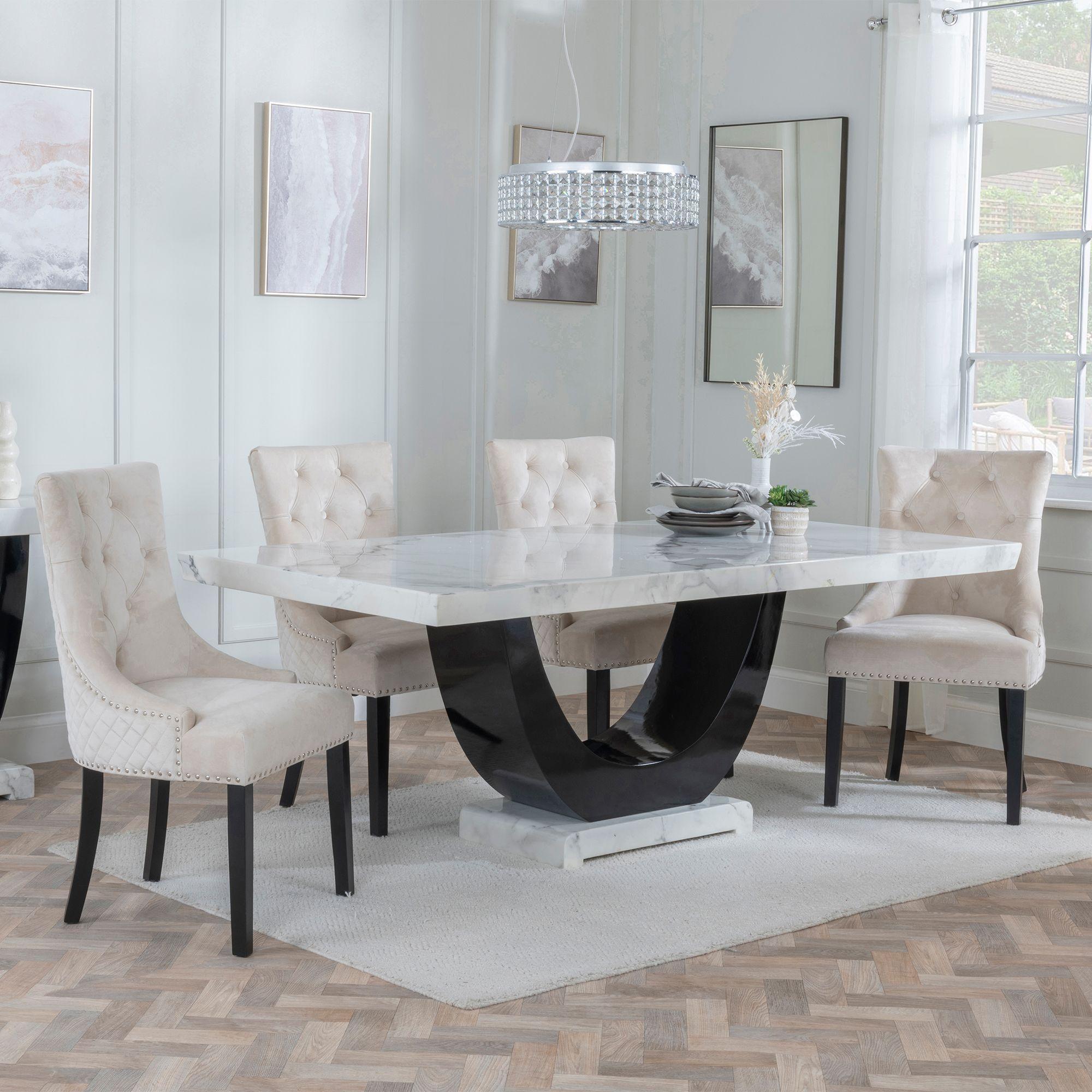 Madrid Dining Set - 6-8 Seater - 160cm-180cm - White Marble - Lion Knocker Back Dining Chairs - Champagne Velvet Fabric - Black Wooden Legs