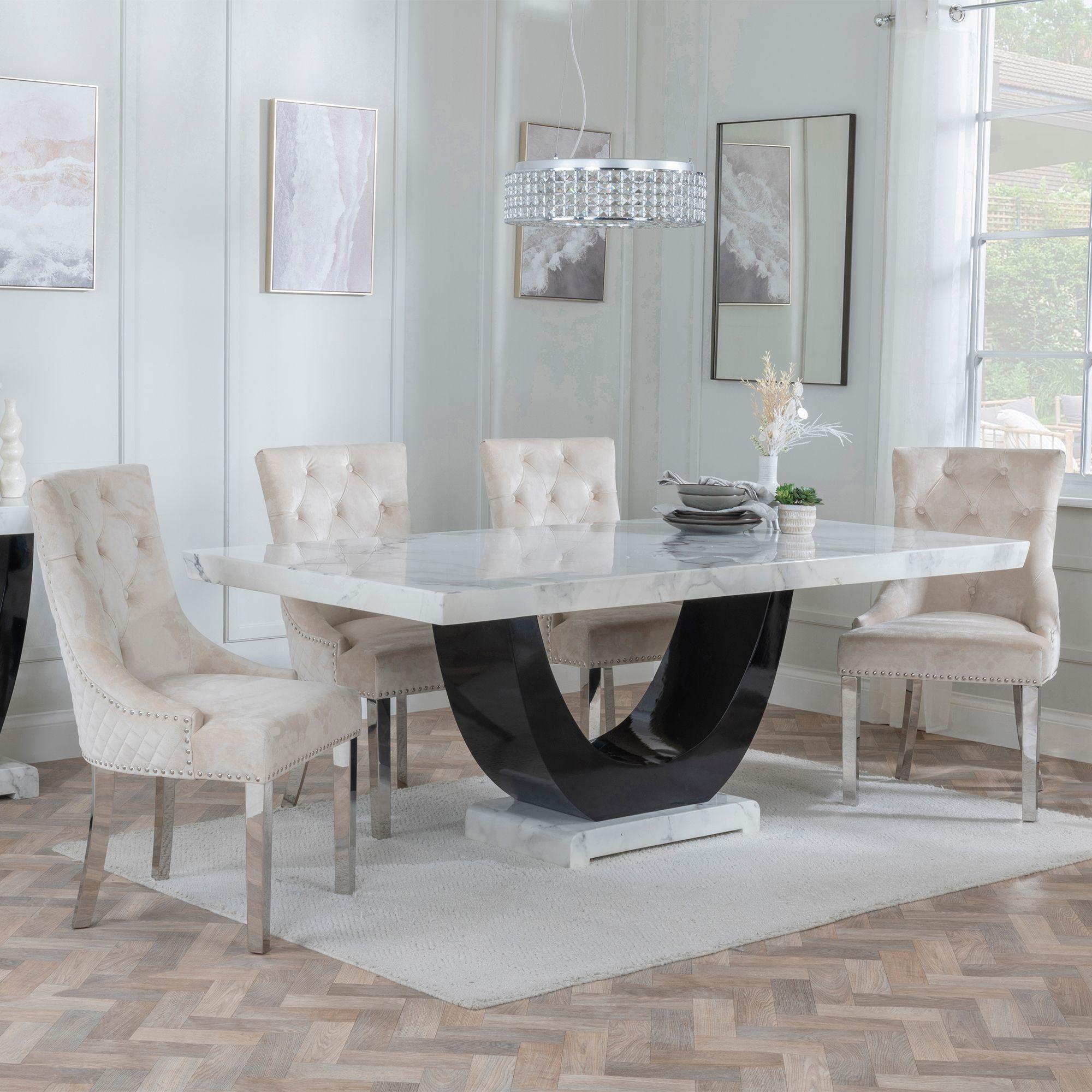 Madrid Dining Set - 6-8 Seater - 160cm-180cm - White Marble - Lion Knocker Back Dining Chairs - Champagne Velvet Fabric - Chrome Legs