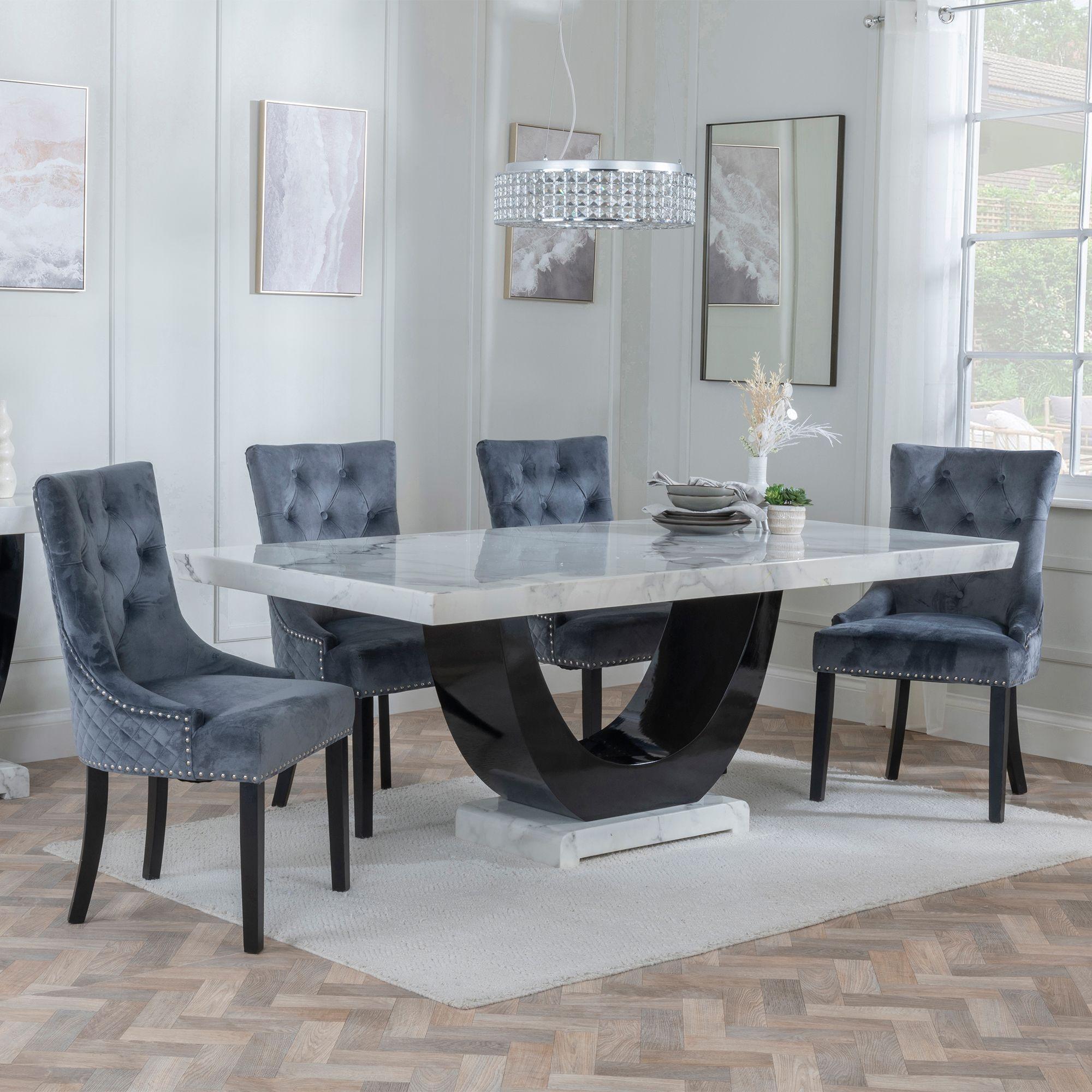 Madrid Dining Set - 6-8 Seater - 160cm-180cm - White Marble - Lion Knocker Back Dining Chairs - Grey Velvet Fabric - Black Wooden Legs