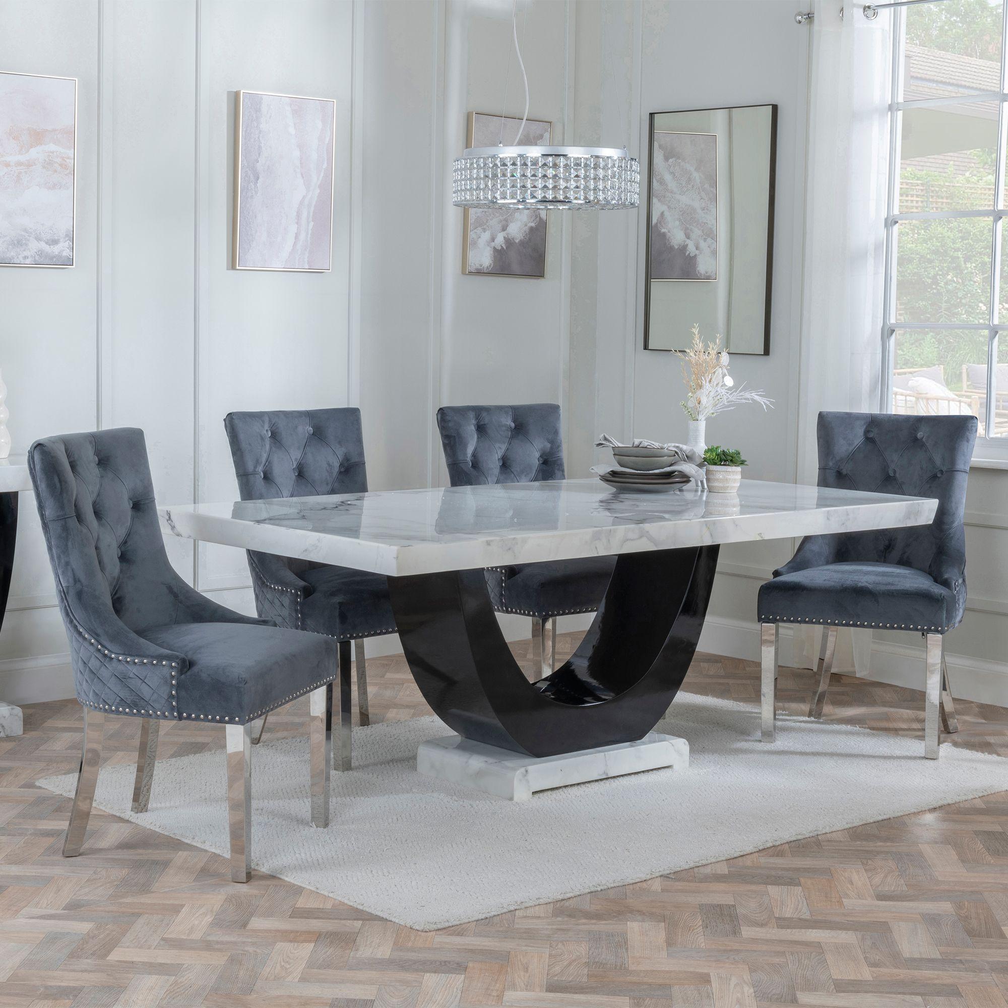 Madrid Dining Set - 6-8 Seater - 160cm-180cm - White Marble - Lion Knocker Back Dining Chairs - Grey Velvet Fabric - Chrome Legs