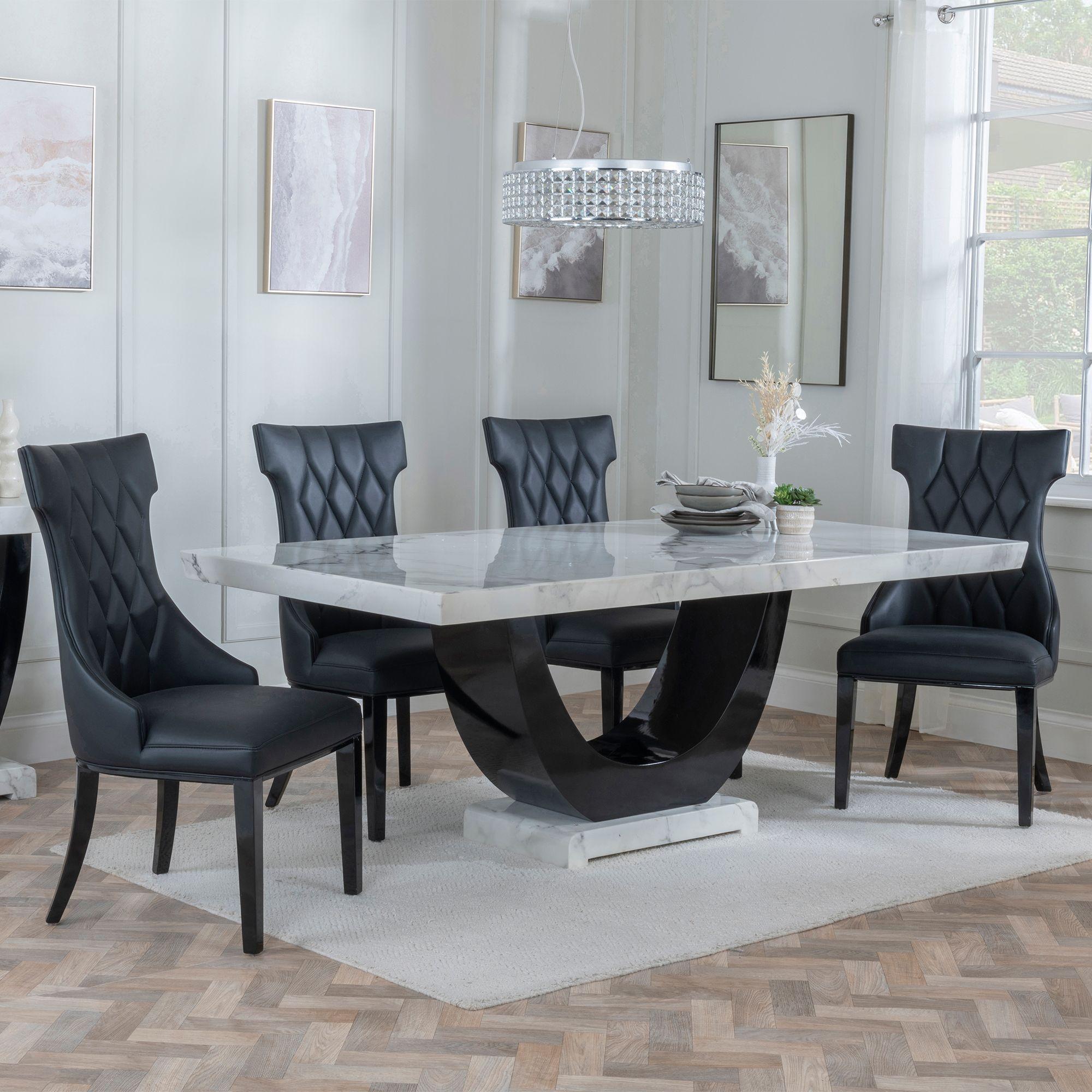 Madrid Dining Set - 6-8 Seater - 160cm-180cm - White Marble - Mimi Dining Chairs - Black Leather