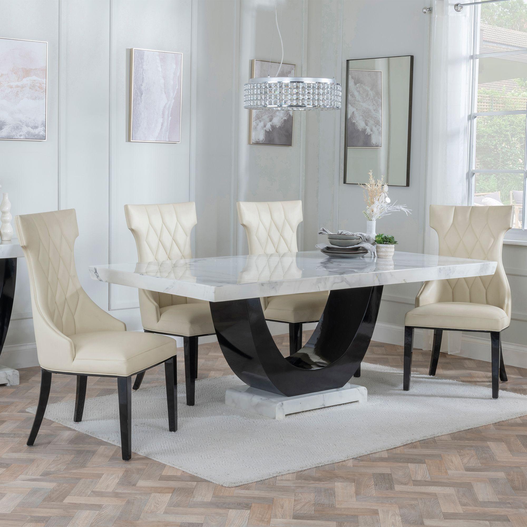 Madrid Dining Set - 6-8 Seater - 160cm-180cm - White Marble - Mimi Dining Chairs - Cream Leather