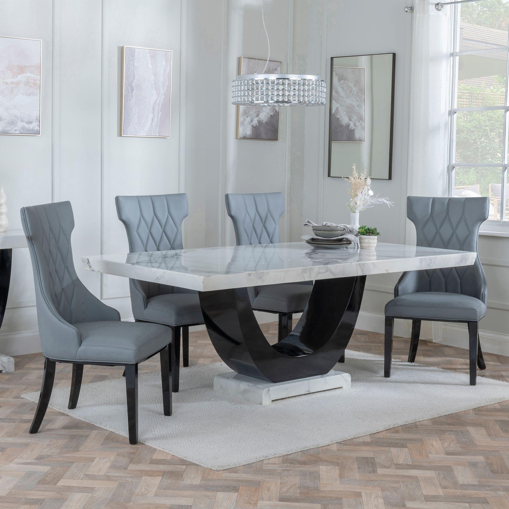 Madrid Dining Set - 6-8 Seater - 160cm-180cm - White Marble - Mimi Dining Chairs - Grey Leather