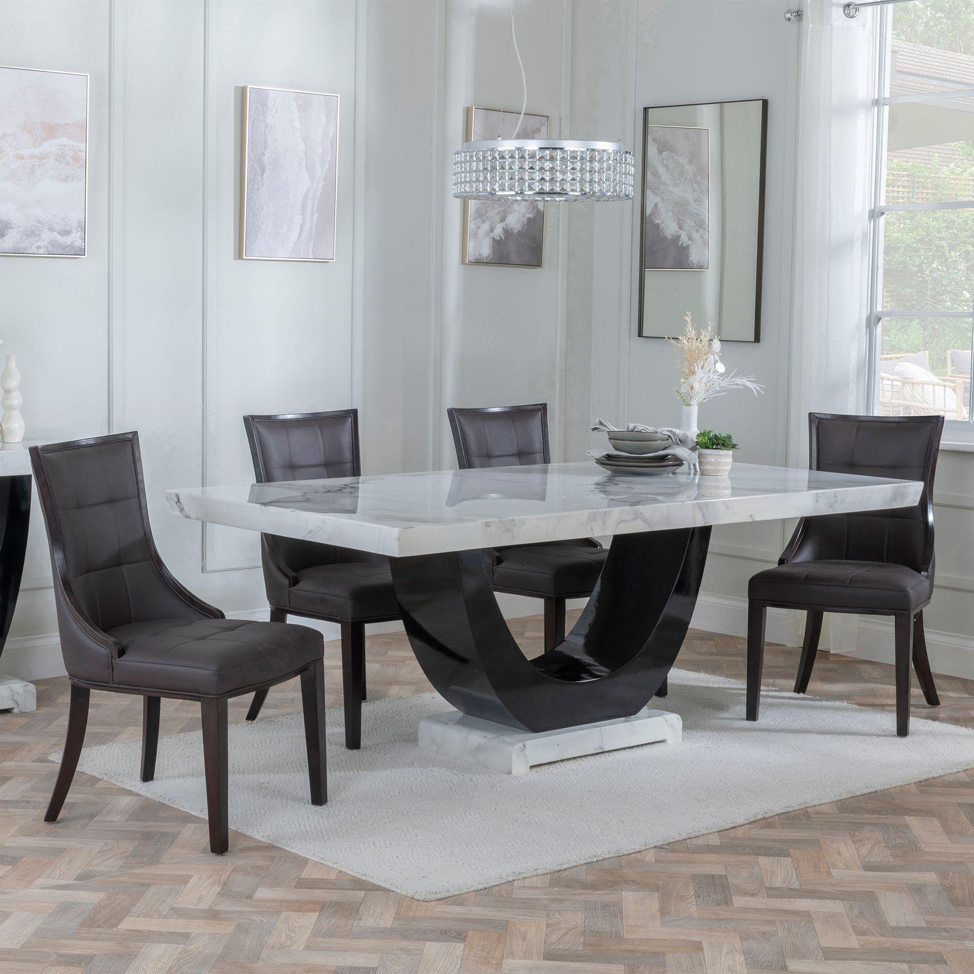 Madrid Dining Set - 6-8 Seater - 160cm-180cm - White Marble - Paris Dining Chairs - Brown Leather - Brown Legs