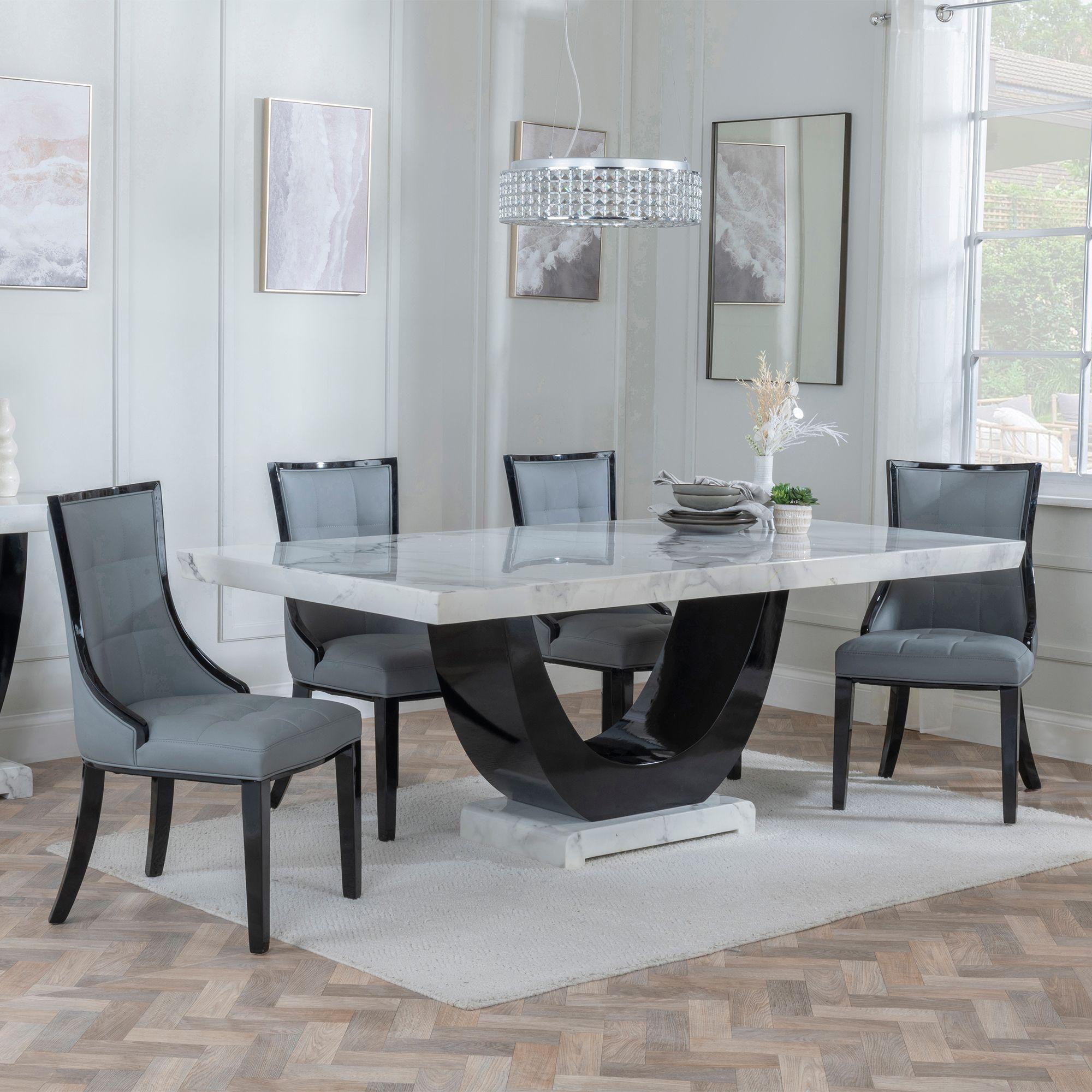Madrid Dining Set - 6-8 Seater - 160cm-180cm - White Marble - Paris Dining Chairs - Grey Leather - Black Legs