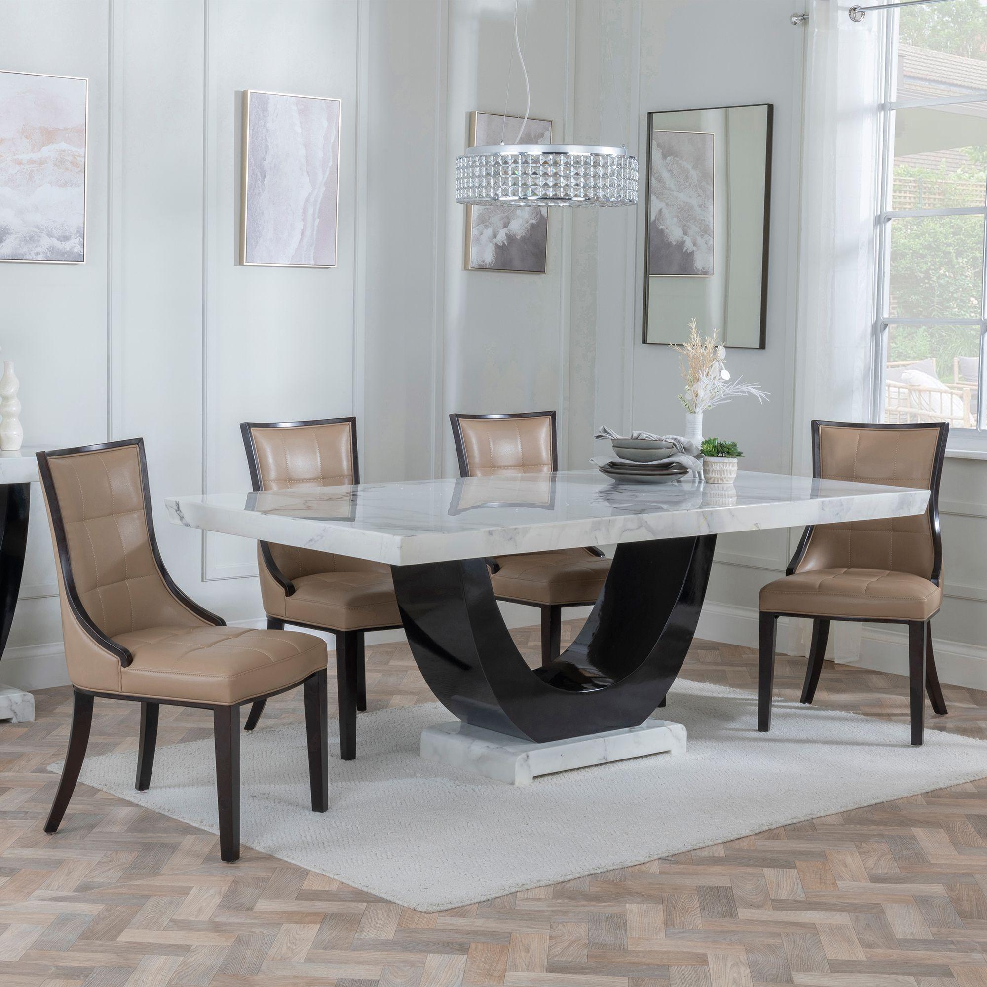 Madrid Dining Set - 6-8 Seater - 160cm-180cm - White Marble - Paris Dining Chairs - Taupe Leather - Brown Legs