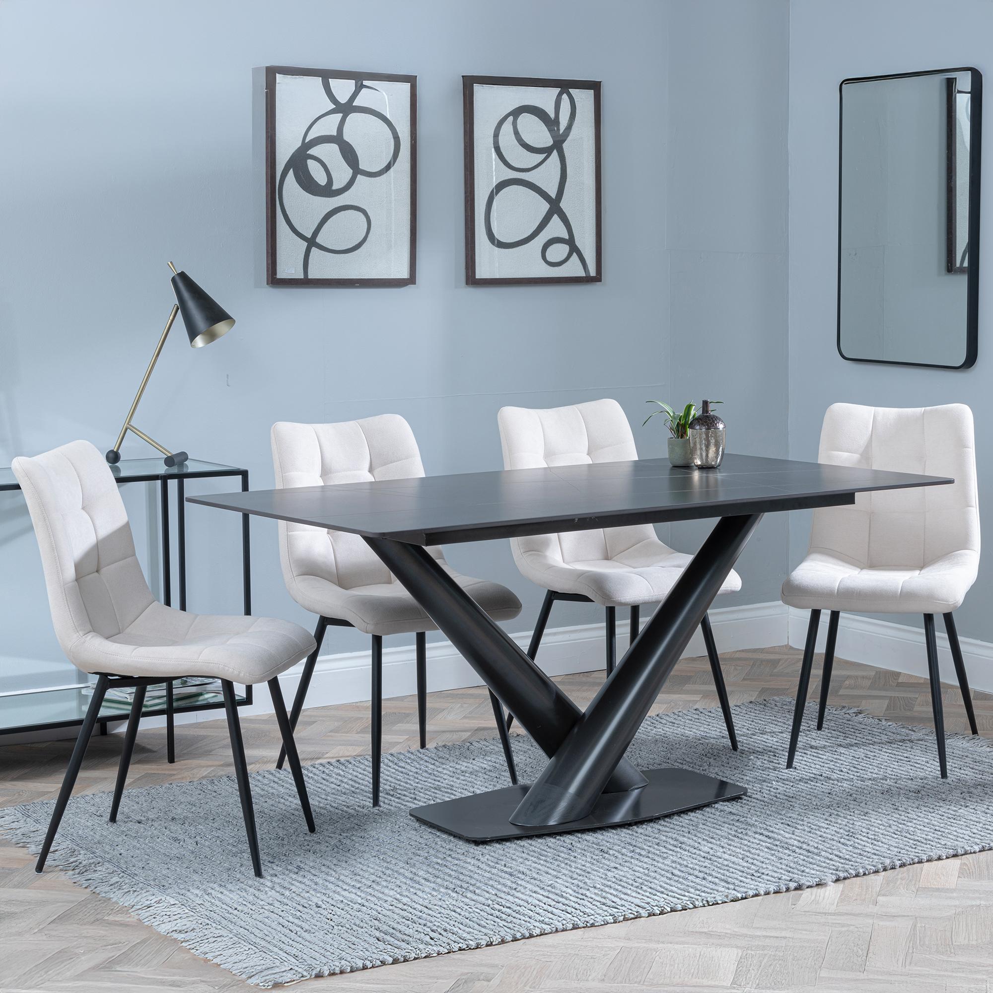 Maldon Dining Set - 6 Seater - 160cm - Black Ceramic - Corona Dining Chairs - Beige Fabric