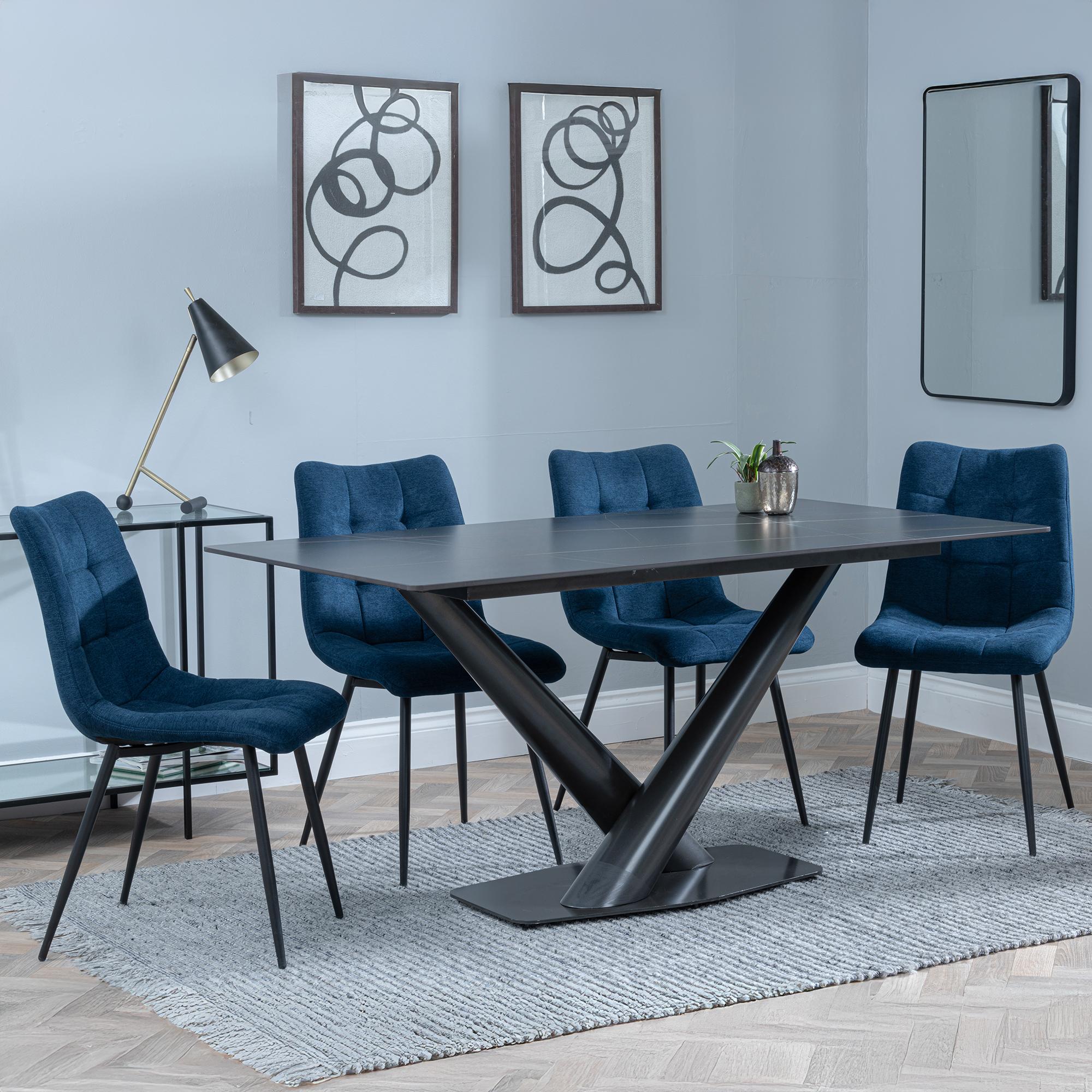 Maldon Dining Set - 6 Seater - 160cm - Black Ceramic - Corona Dining Chairs - Blue Fabric
