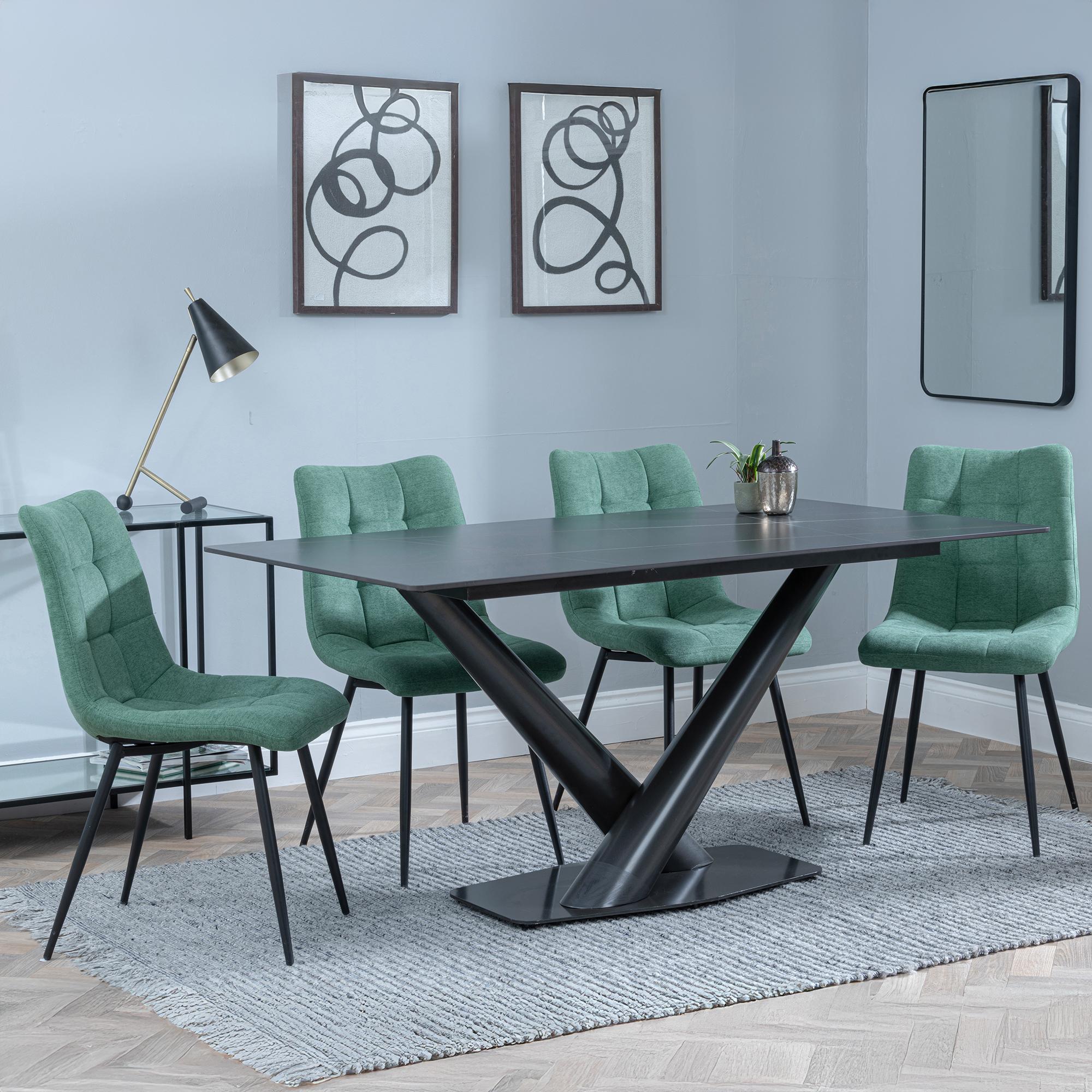 Maldon Dining Set - 6 Seater - 160cm - Black Ceramic - Corona Dining Chairs - Green Fabric
