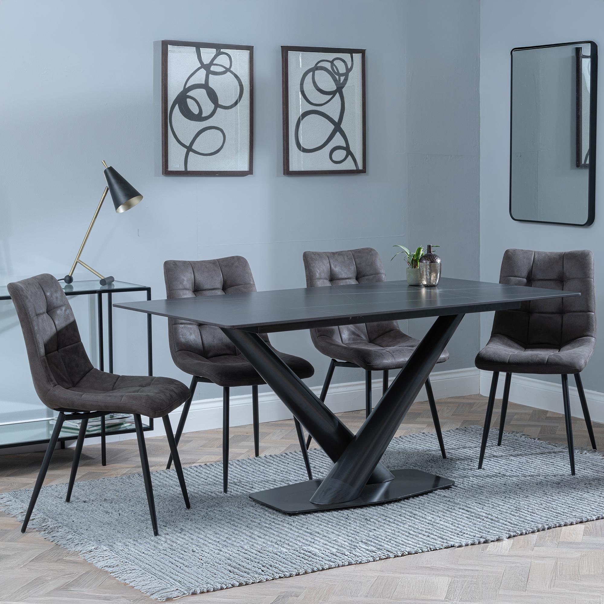 Maldon Dining Set - 6 Seater - 160cm - Black Ceramic - Corona Dining Chairs - Grey Fabric