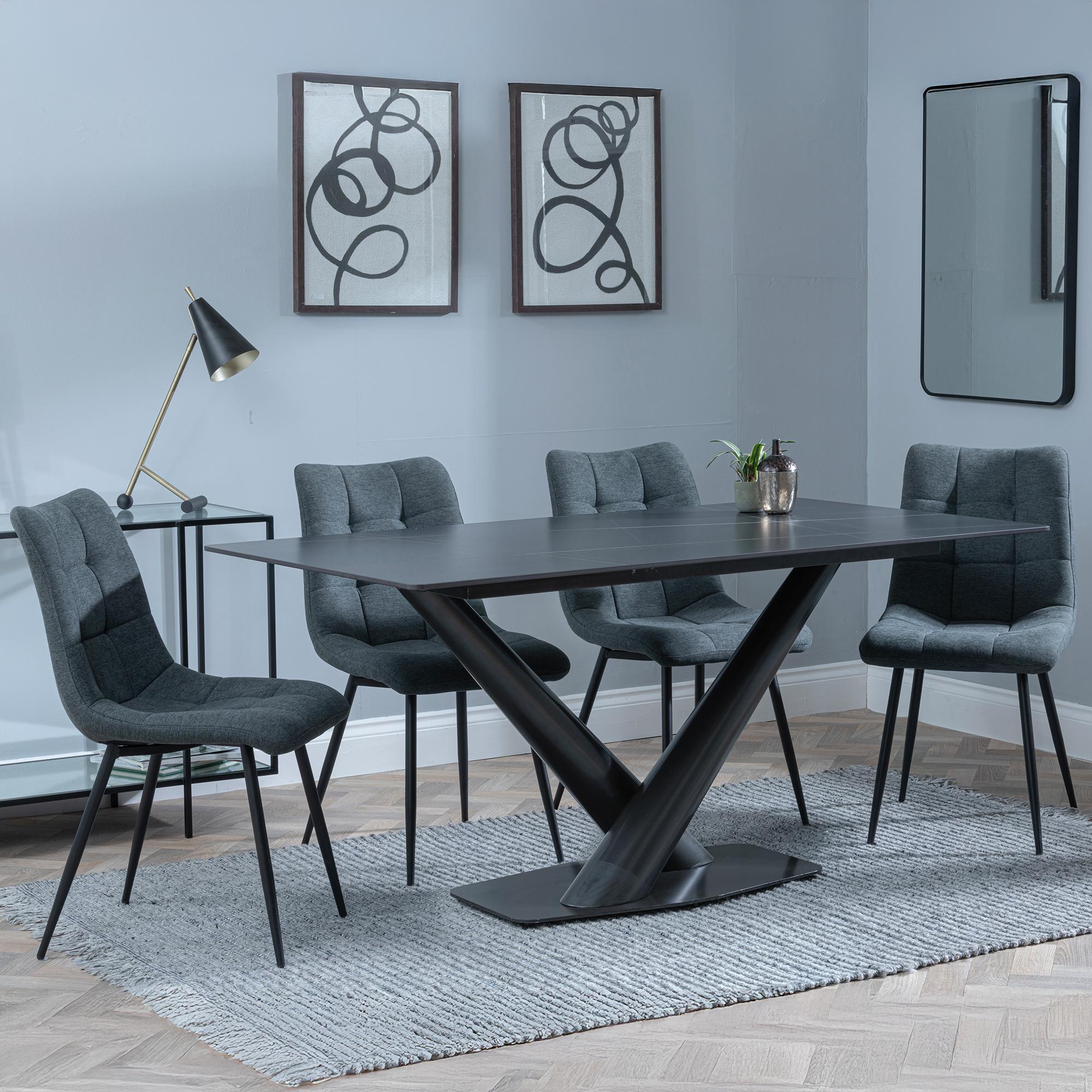 Maldon Dining Set - 6 Seater - 160cm - Black Ceramic - Corona Dining Chairs - Light Grey Fabric