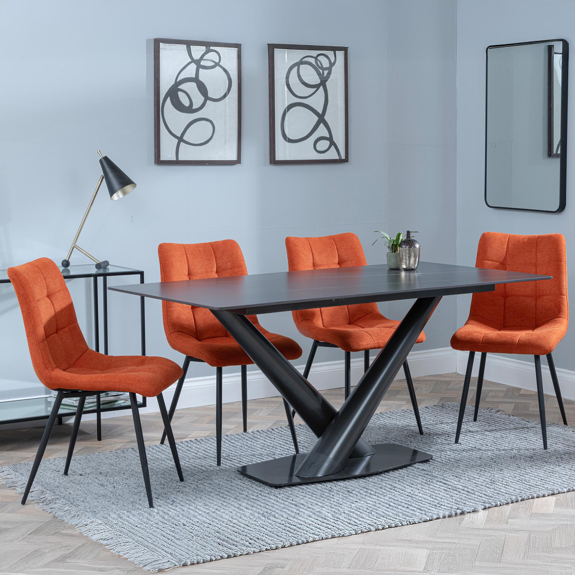 Maldon Dining Set - 6 Seater - 160cm - Black Ceramic - Corona Dining Chairs - Orange Fabric