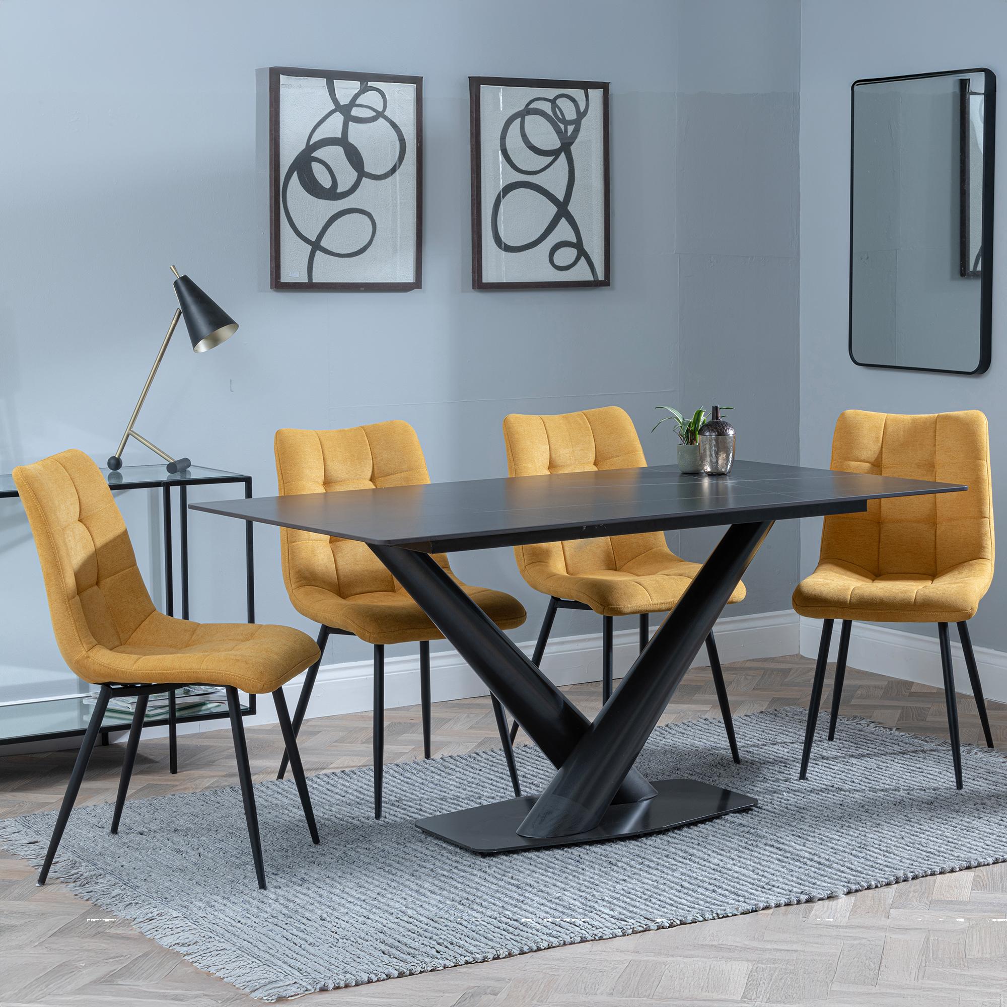 Maldon Dining Set - 6 Seater - 160cm - Black Ceramic - Corona Dining Chairs - Yellow Fabric