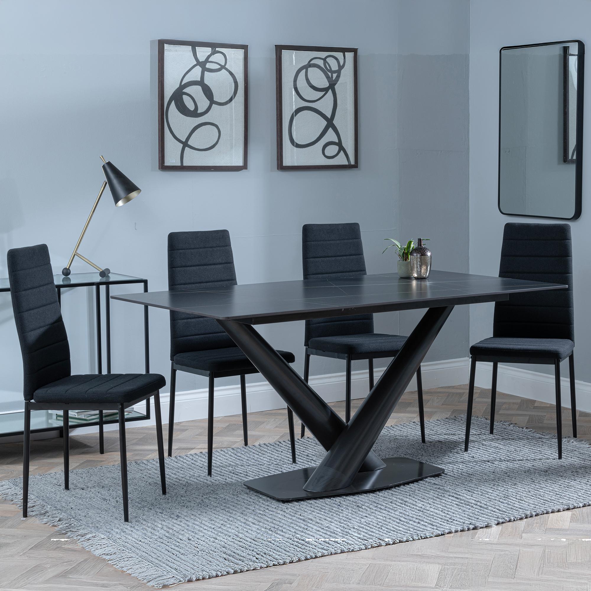 Maldon Dining Set - 6 Seater - 160cm - Black Ceramic - Lido Dining Chairs - Black Fabric - Black Legs
