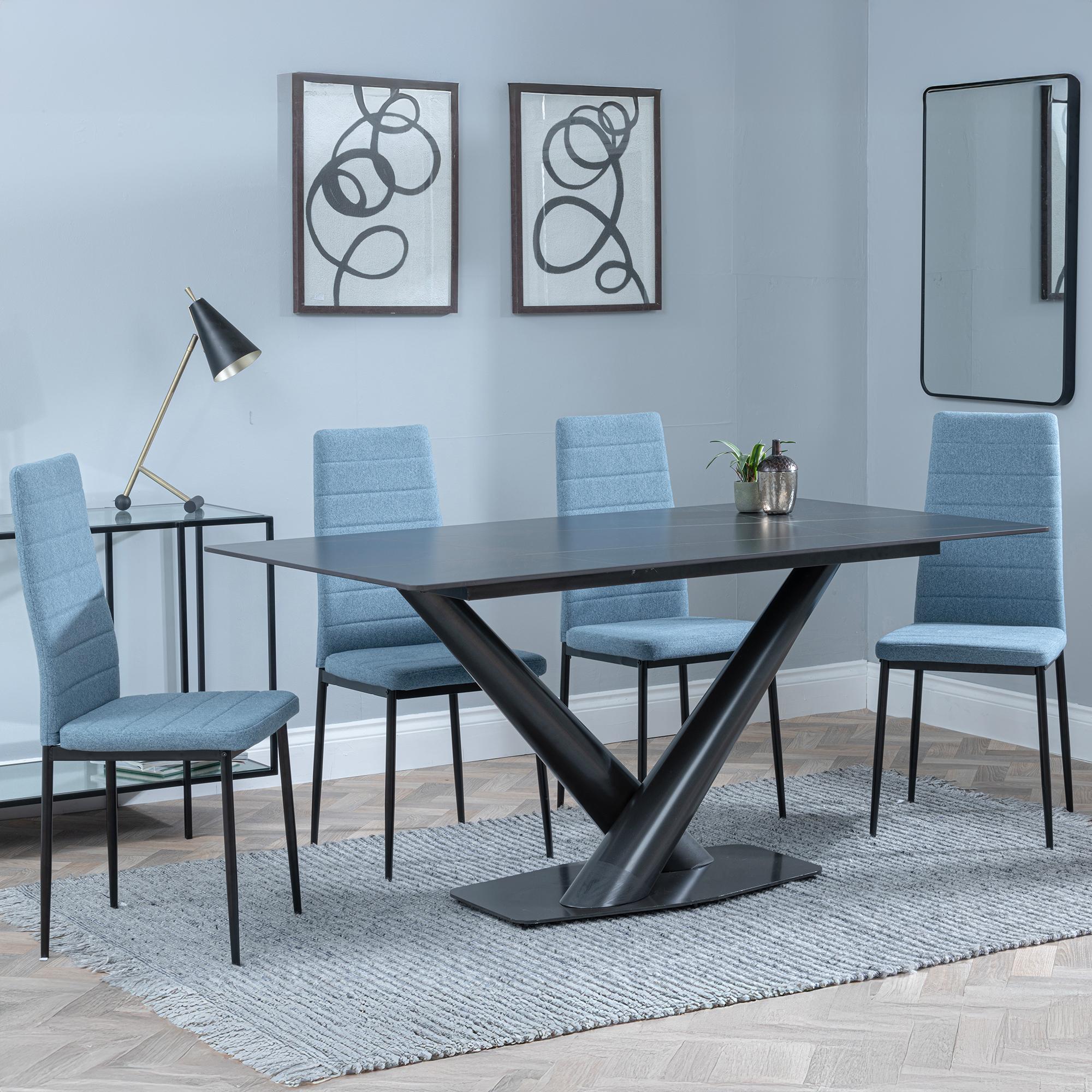 Maldon Dining Set - 6 Seater - 160cm - Black Ceramic - Lido Dining Chairs - Blue Fabric - Black Legs