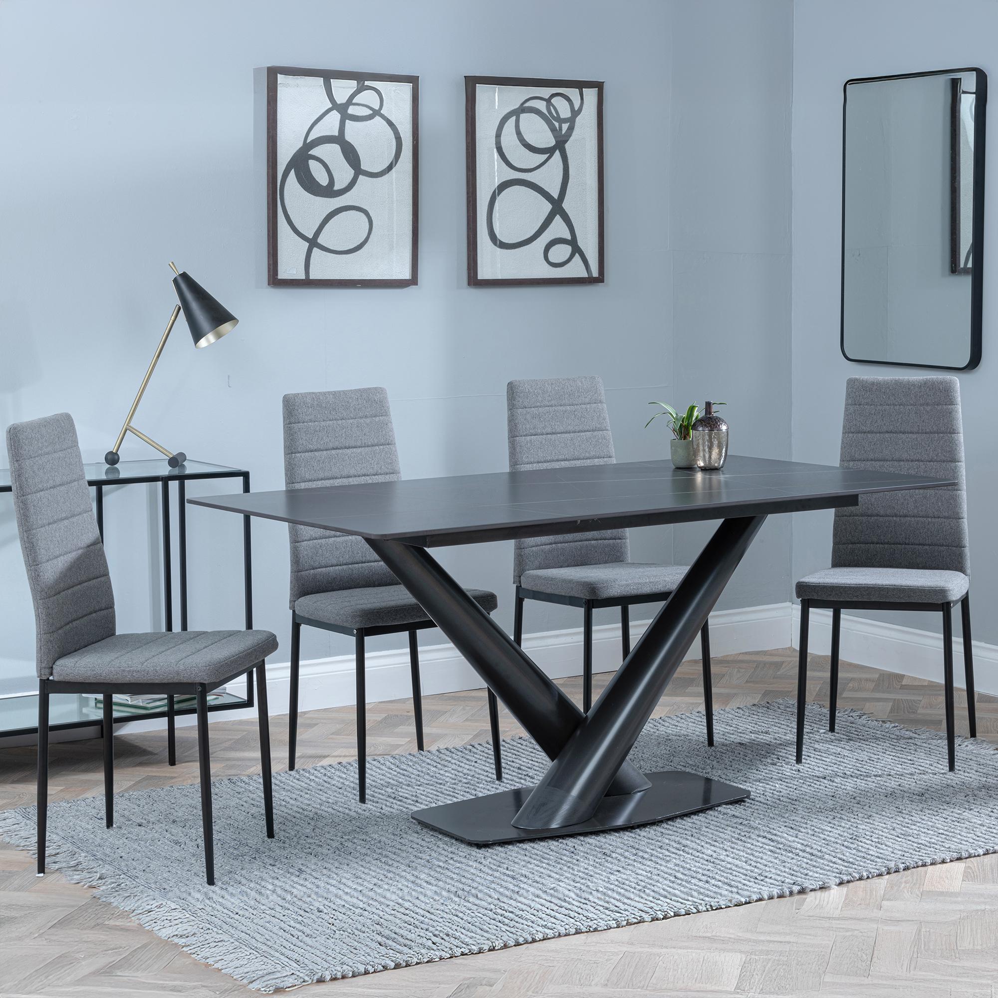 Maldon Dining Set - 6 Seater - 160cm - Black Ceramic - Lido Dining Chairs - Dark Grey Fabric - Black Legs