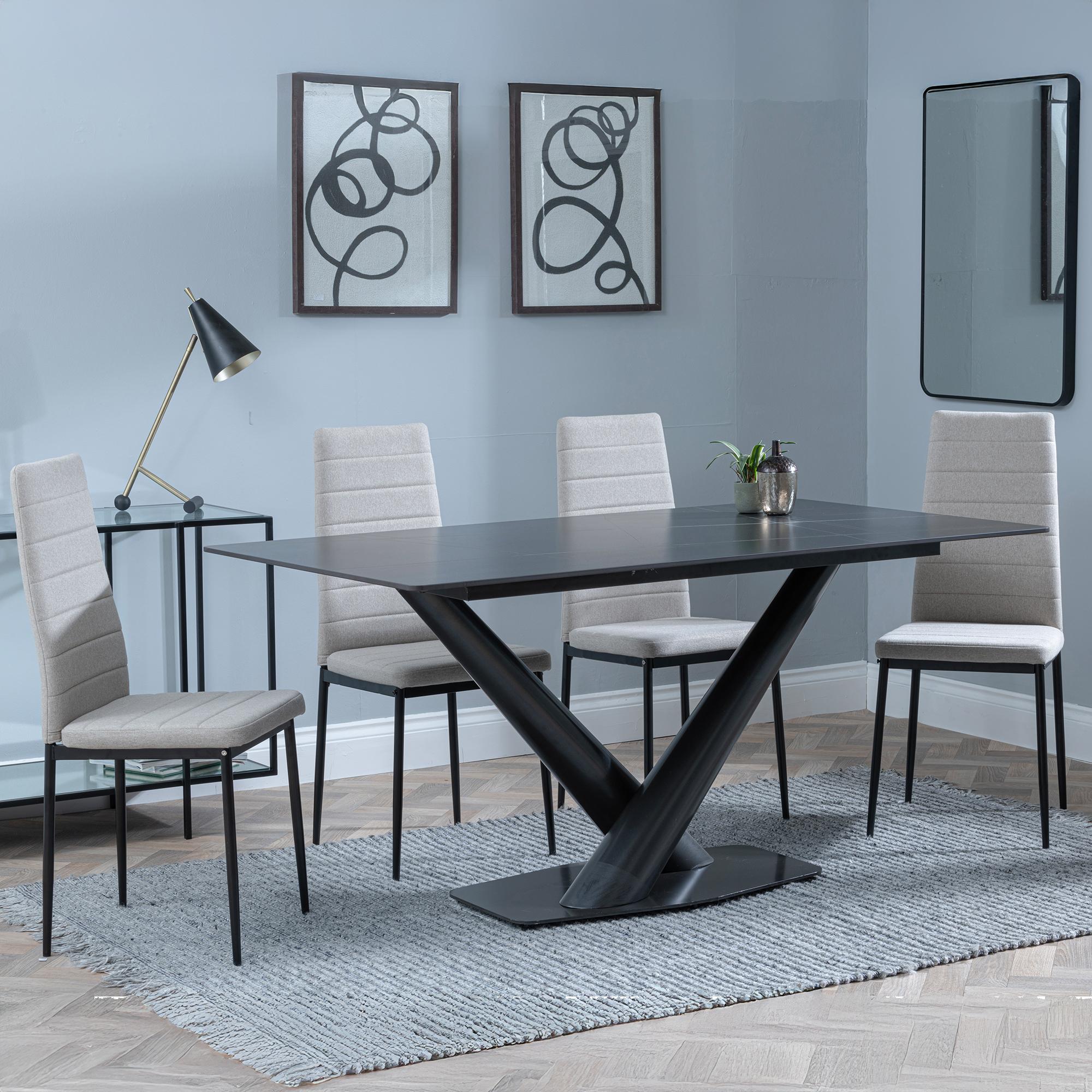 Maldon Dining Set - 6 Seater - 160cm - Black Ceramic - Lido Dining Chairs - Sand Fabric - Black Legs
