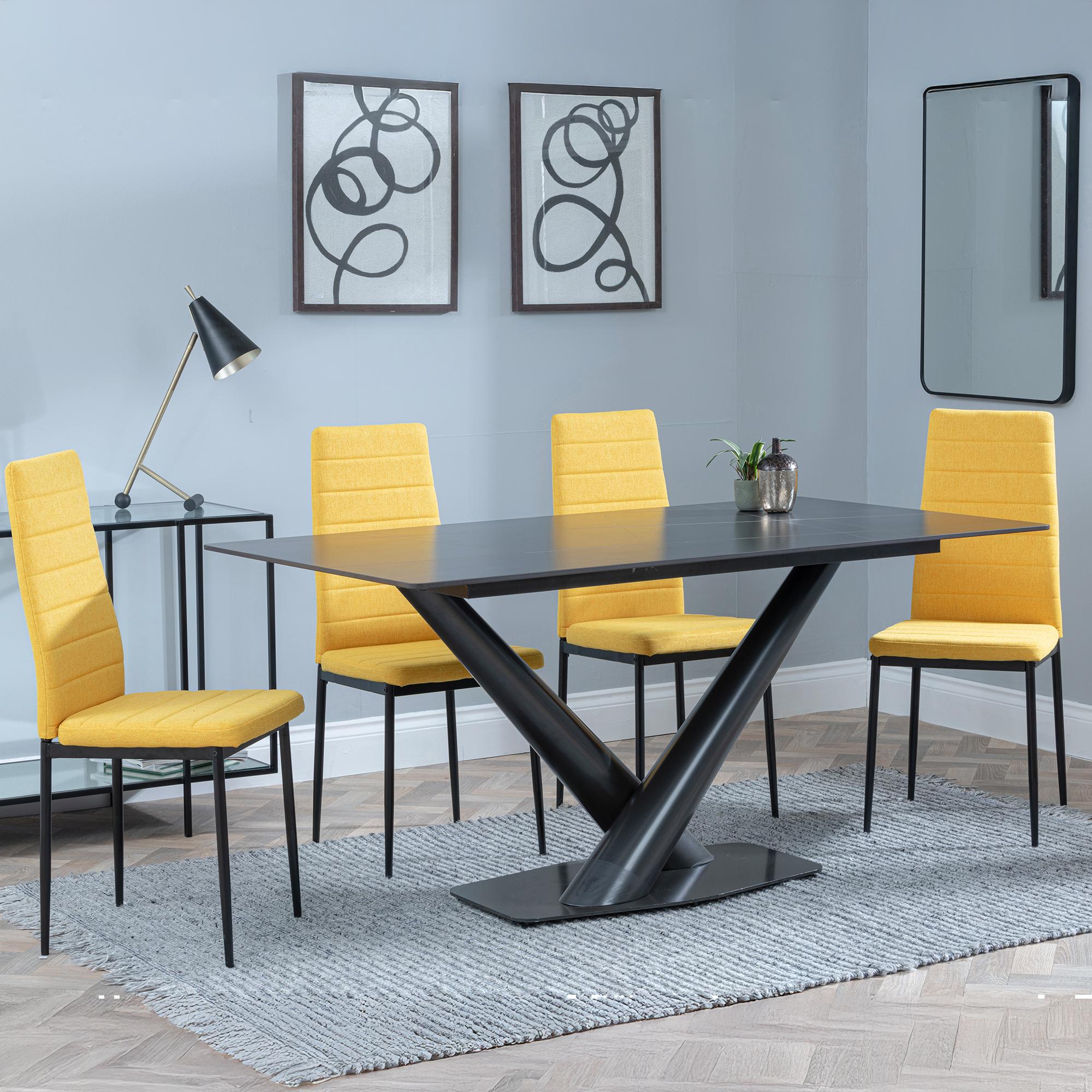 Maldon Dining Set - 6 Seater - 160cm - Black Ceramic - Lido Dining Chairs - Yellow Fabric - Black Legs