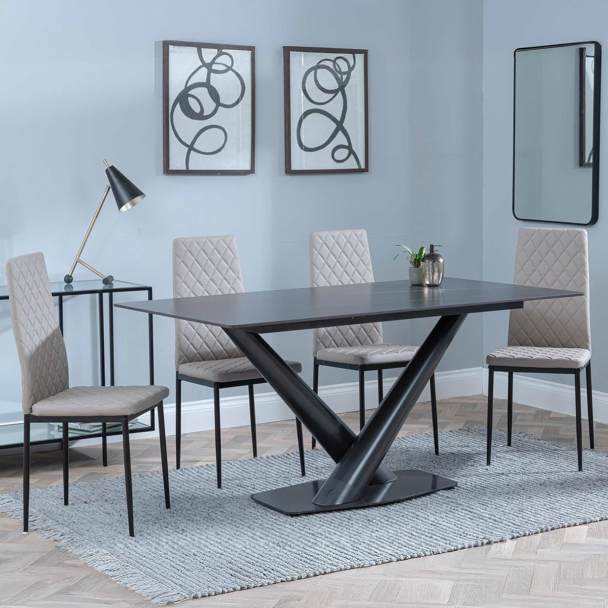 Maldon Dining Set - 6 Seater - 160cm - Black Ceramic - Metro Dining Chairs - Beige Leather - Black Legs