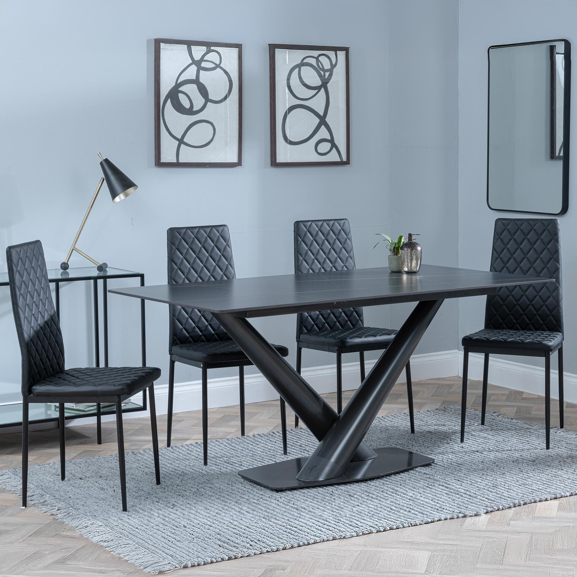 Maldon Dining Set - 6 Seater - 160cm - Black Ceramic - Metro Dining Chairs - Black Leather - Black Legs