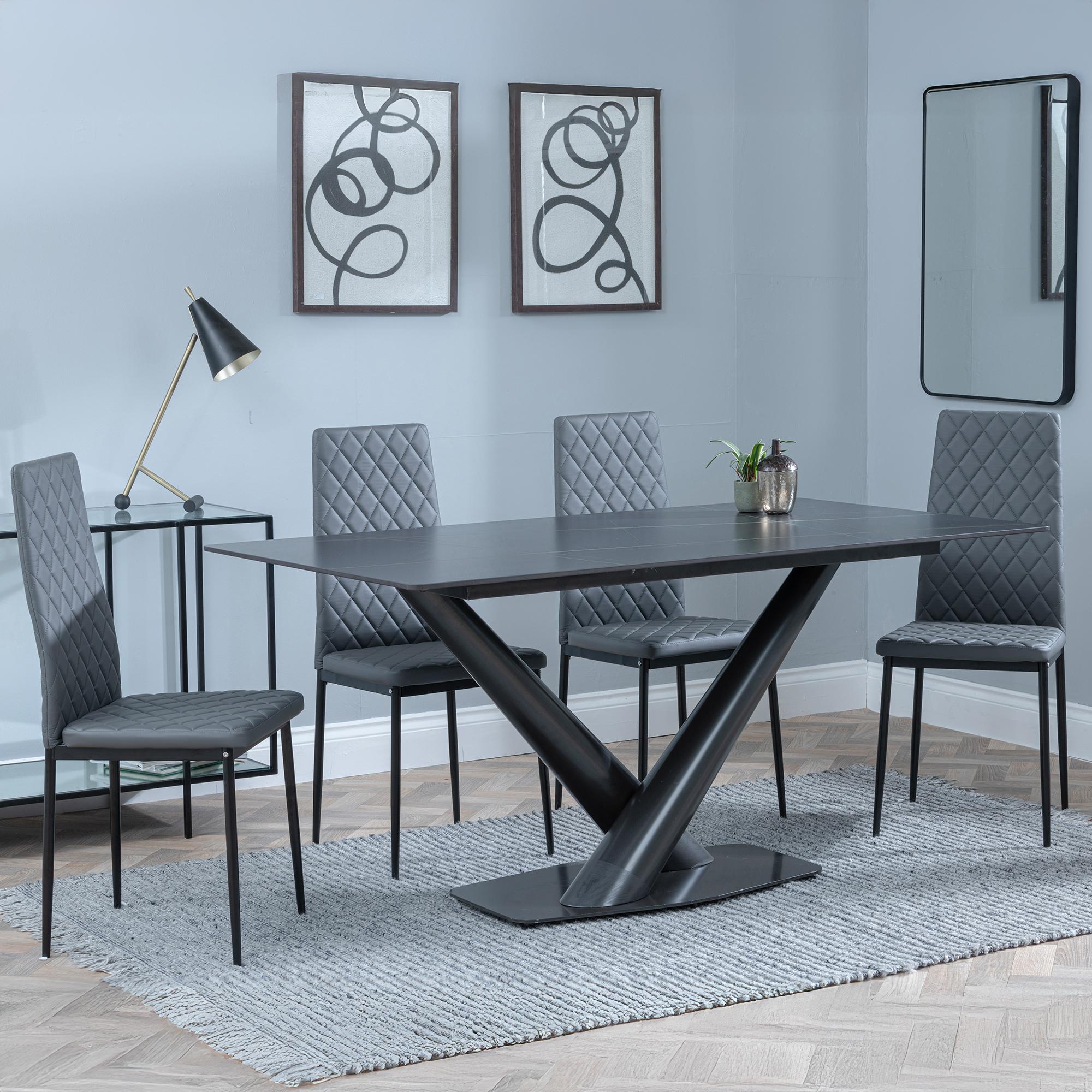 Maldon Dining Set - 6 Seater - 160cm - Black Ceramic - Metro Dining Chairs - Grey Leather - Black Legs