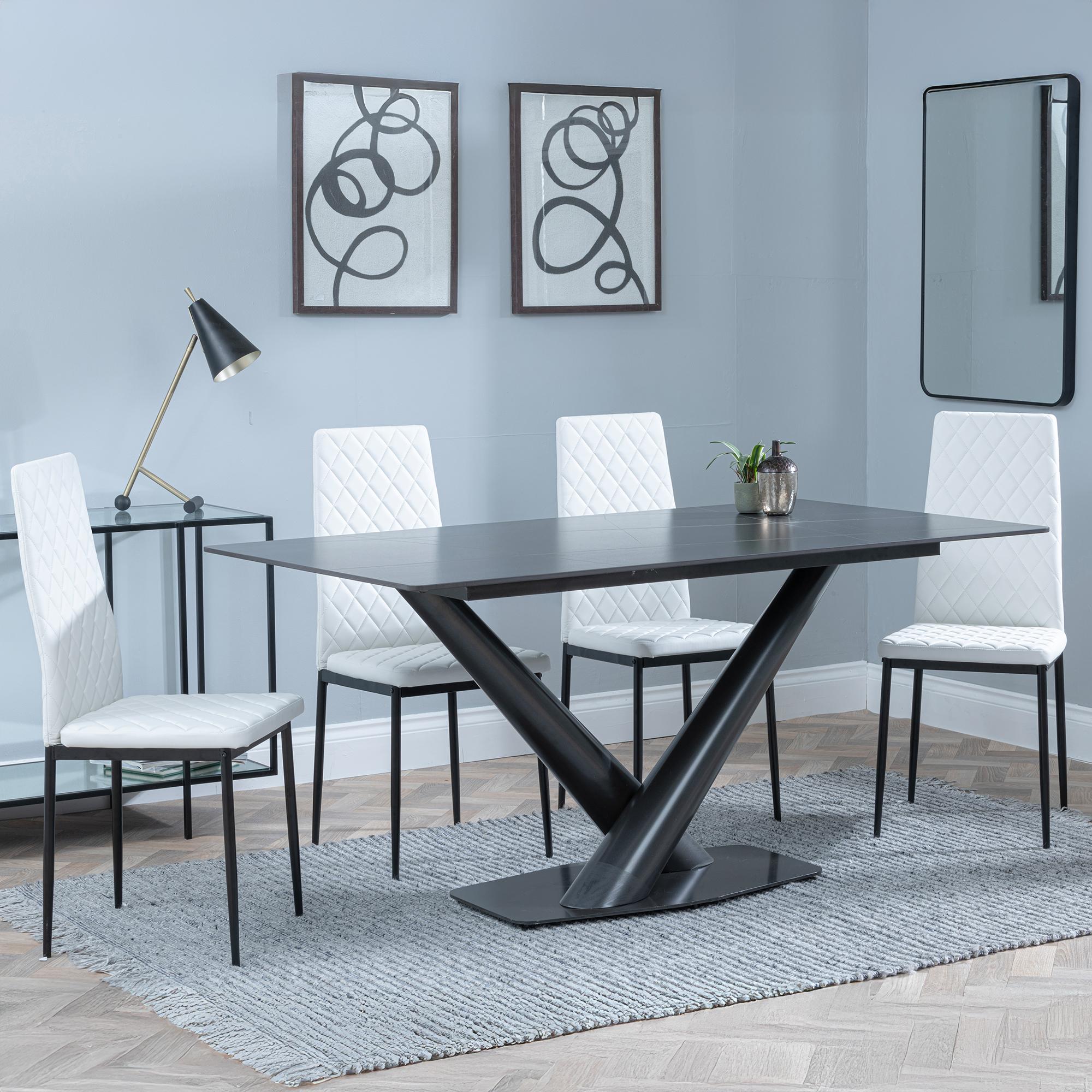 Maldon Dining Set - 6 Seater - 160cm - Black Ceramic - Metro Dining Chairs - White Leather - Black Legs