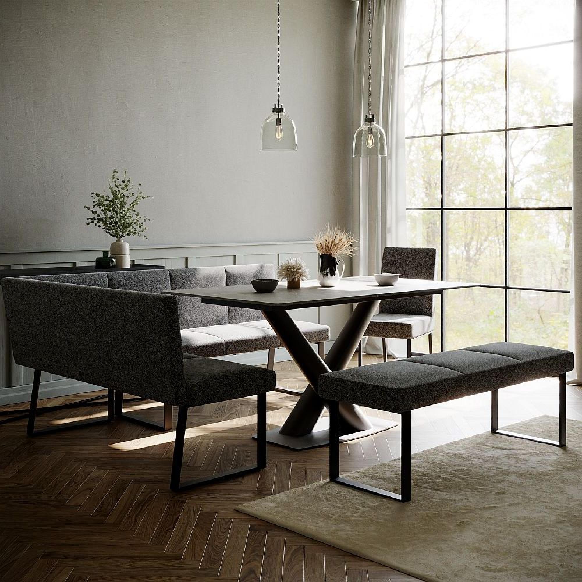 Maldon Dining Set - 6 Seater - 160cm - Grey Ceramic - Bronx Dark Grey Fabric - LHF Corner Bench + Low Bench + Chair