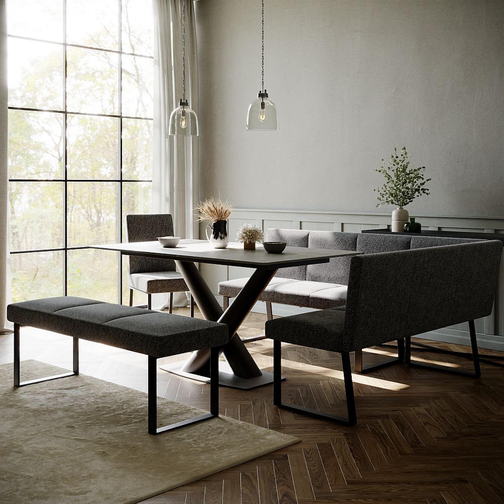 Maldon Dining Set - 6 Seater - 160cm - Grey Ceramic - Bronx Dark Grey Fabric - RHF Corner Bench + Low Bench + Chair