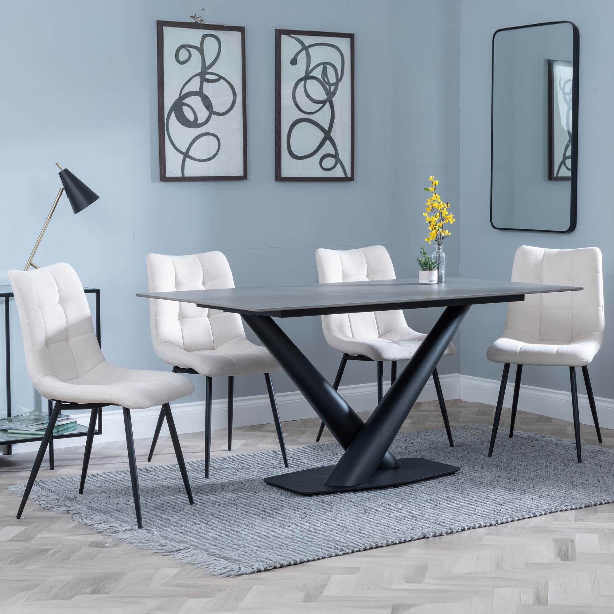 Maldon Dining Set - 6 Seater - 160cm - Grey Ceramic - Corona Dining Chairs - Beige Fabric