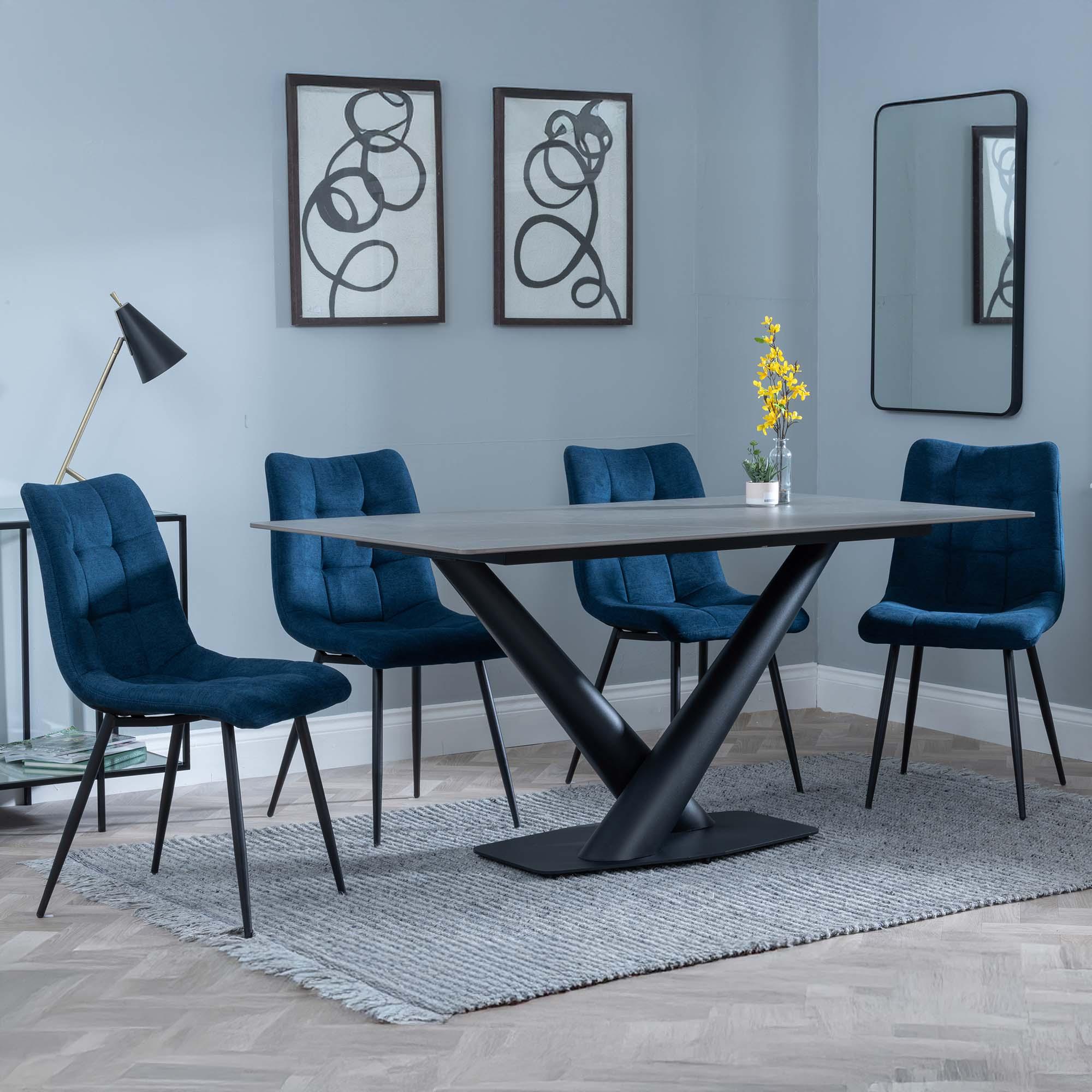 Maldon Dining Set - 6 Seater - 160cm - Grey Ceramic - Corona Dining Chairs - Blue Fabric