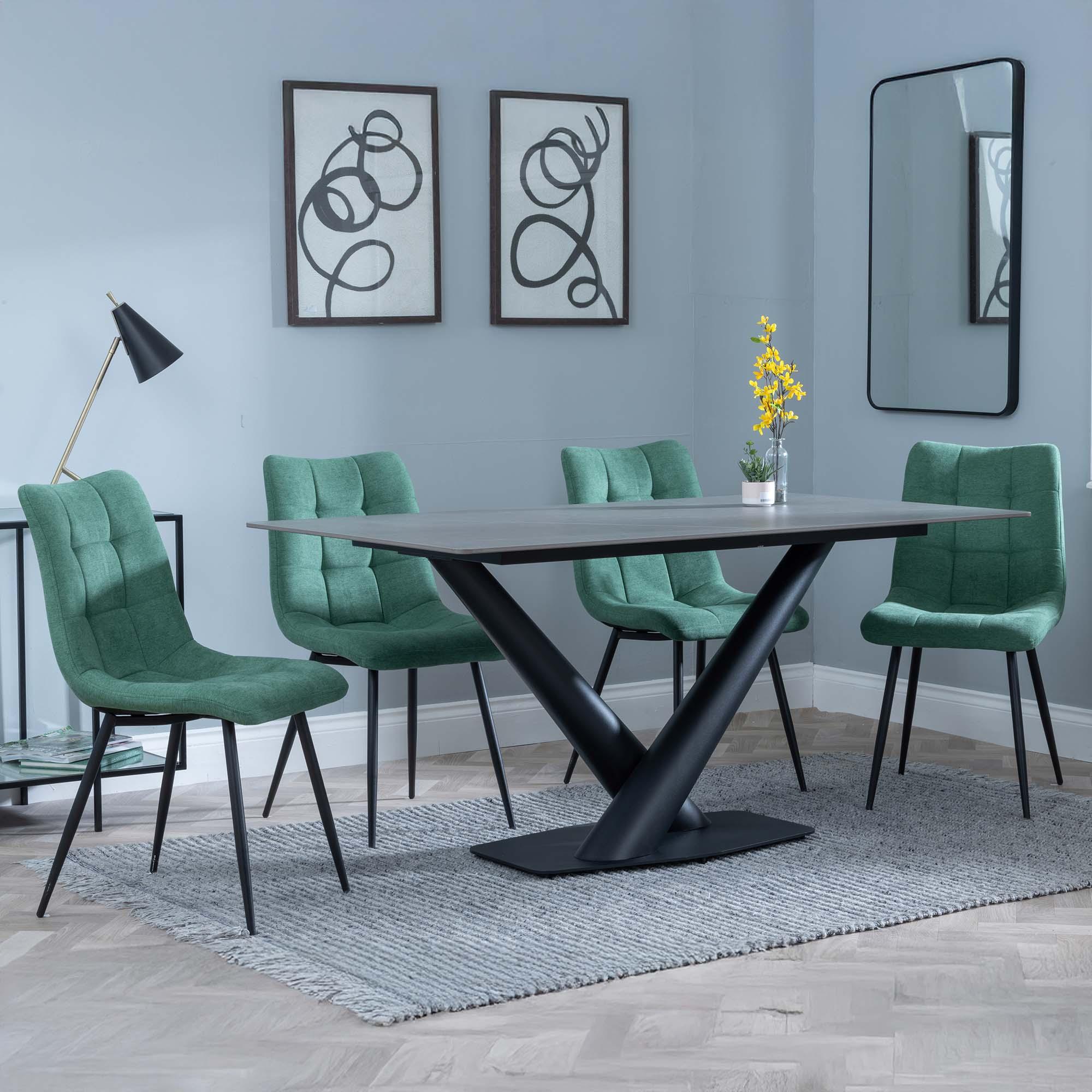 Maldon Dining Set - 6 Seater - 160cm - Grey Ceramic - Corona Dining Chairs - Green Fabric