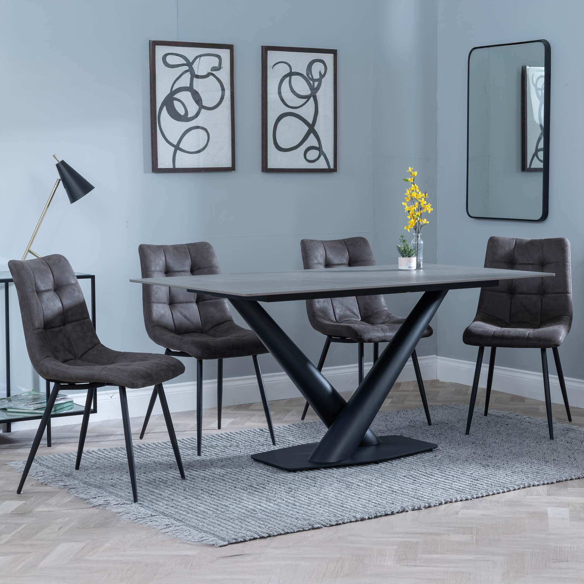 Maldon Dining Set - 6 Seater - 160cm - Grey Ceramic - Corona Dining Chairs - Grey Fabric