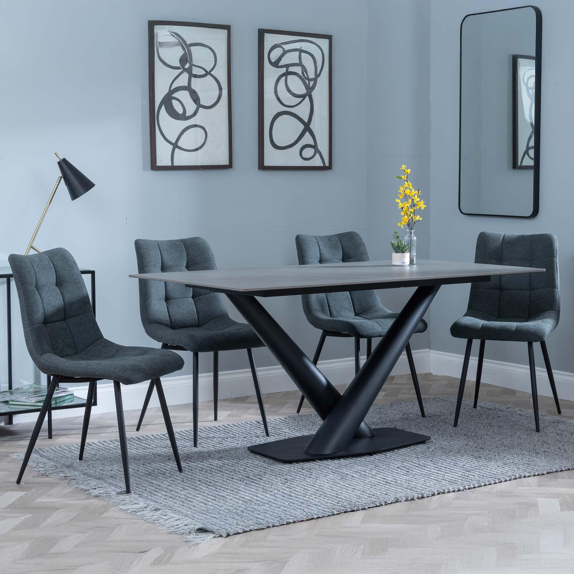 Maldon Dining Set - 6 Seater - 160cm - Grey Ceramic - Corona Dining Chairs - Light Grey Fabric