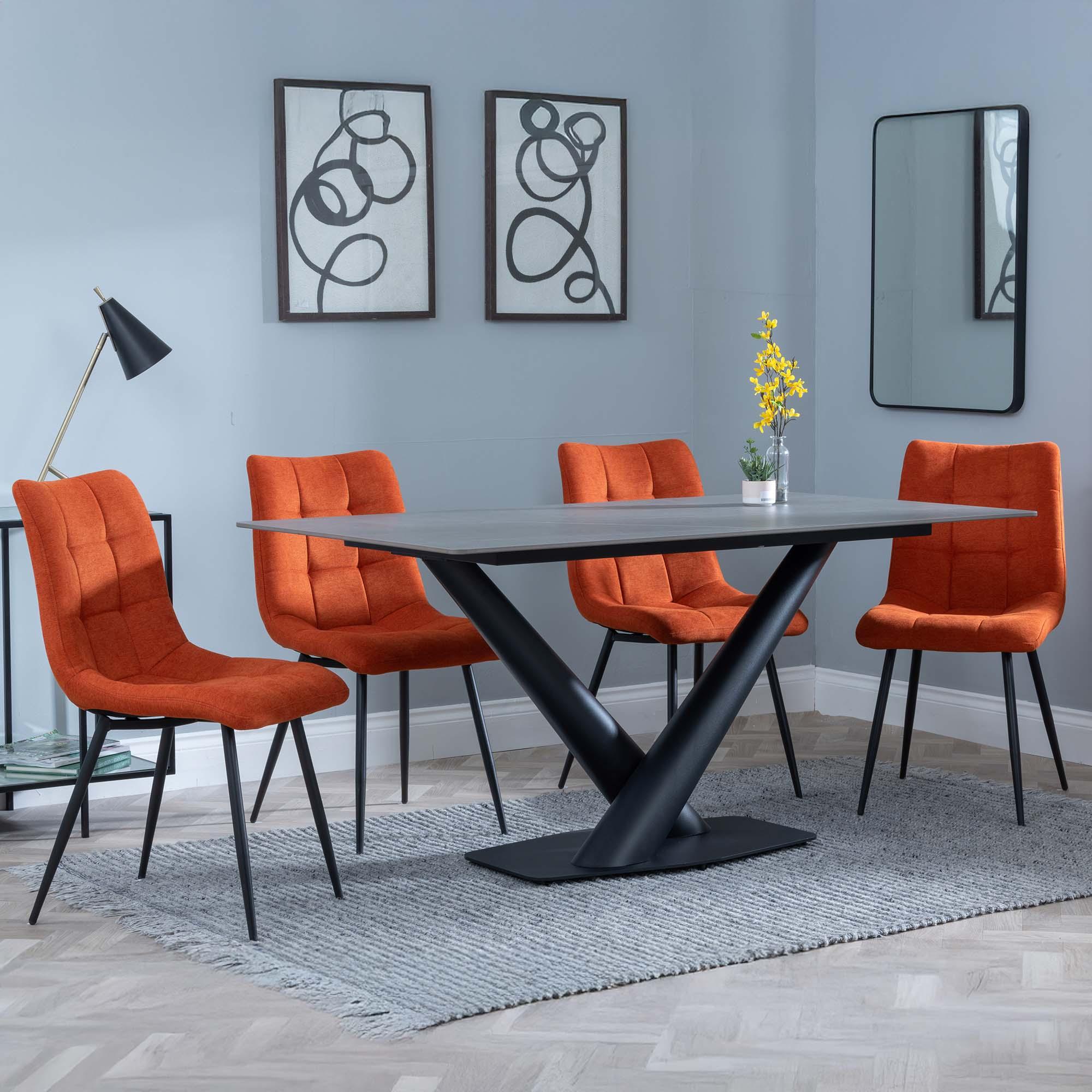 Maldon Dining Set - 6 Seater - 160cm - Grey Ceramic - Corona Dining Chairs - Orange Fabric