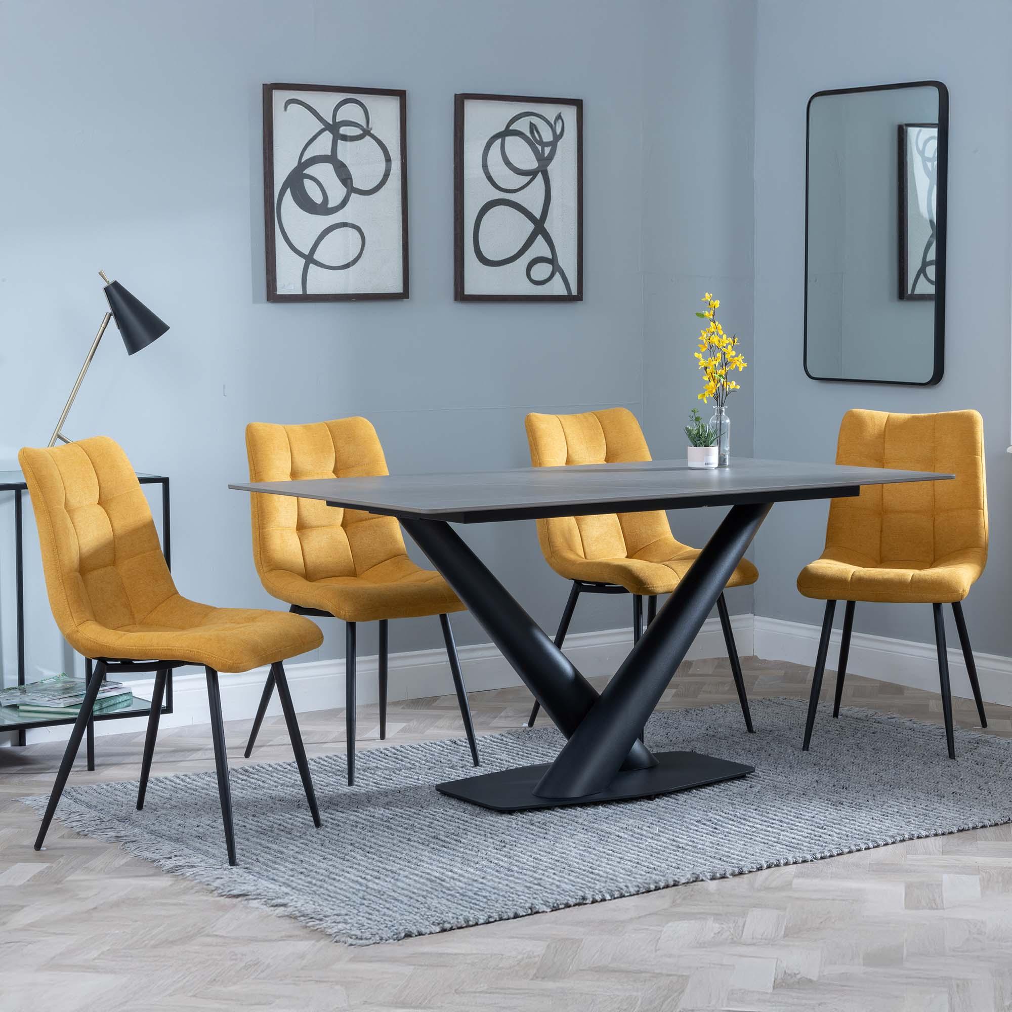 Maldon Dining Set - 6 Seater - 160cm - Grey Ceramic - Corona Dining Chairs - Yellow Fabric