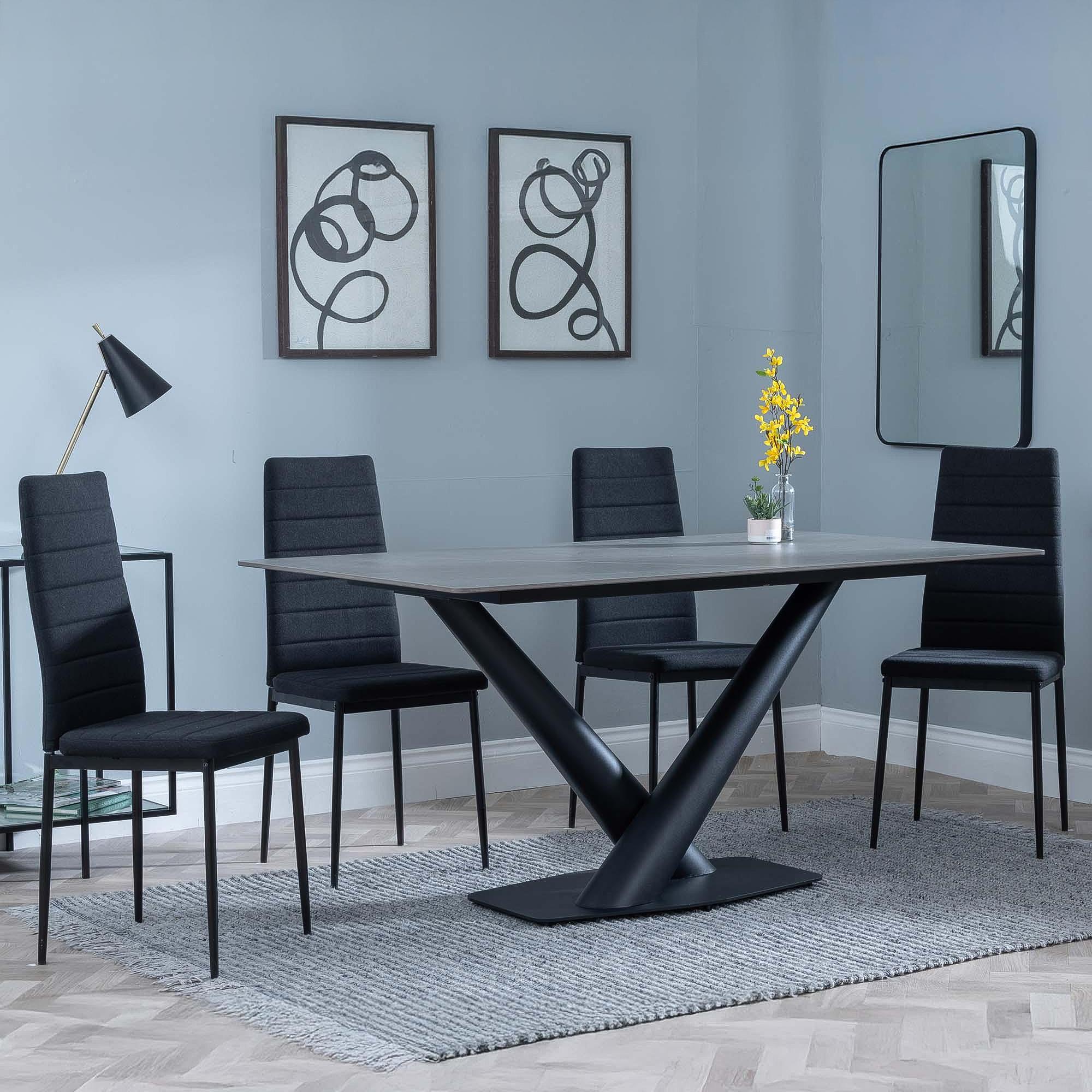 Maldon Dining Set - 6 Seater - 160cm - Grey Ceramic - Lido Dining Chairs - Black Fabric - Black Legs