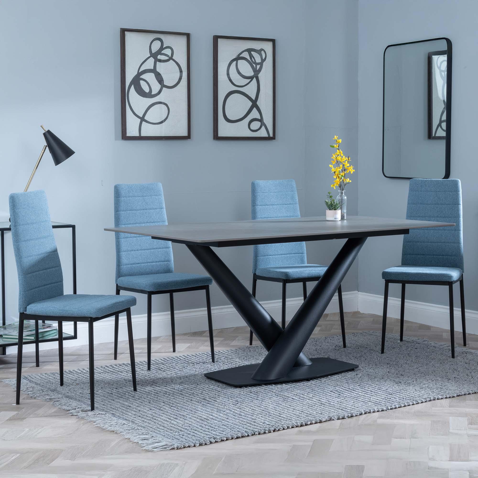 Maldon Dining Set - 6 Seater - 160cm - Grey Ceramic - Lido Dining Chairs - Blue Fabric - Black Legs