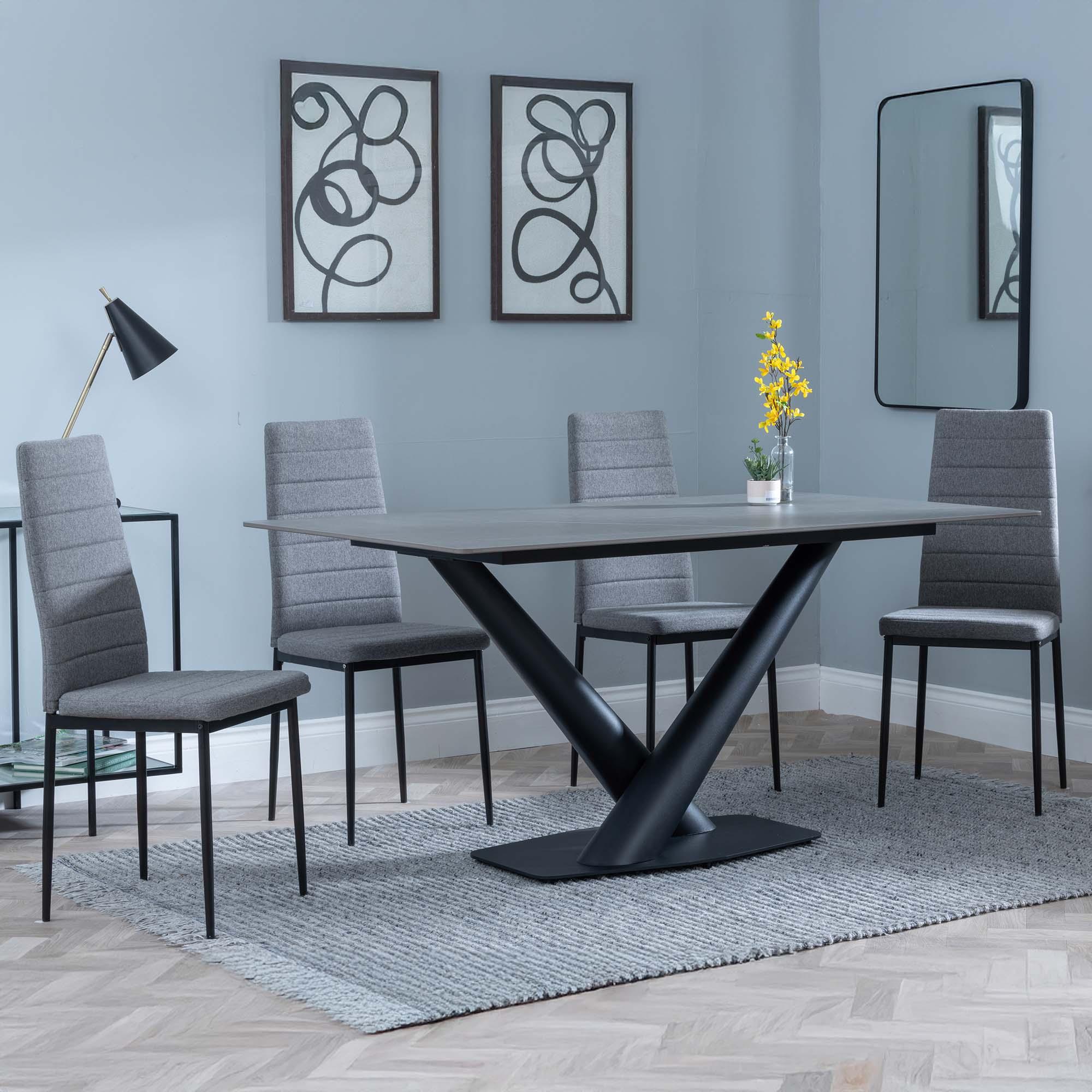 Maldon Dining Set - 6 Seater - 160cm - Grey Ceramic - Lido Dining Chairs - Dark Grey Fabric - Black Legs