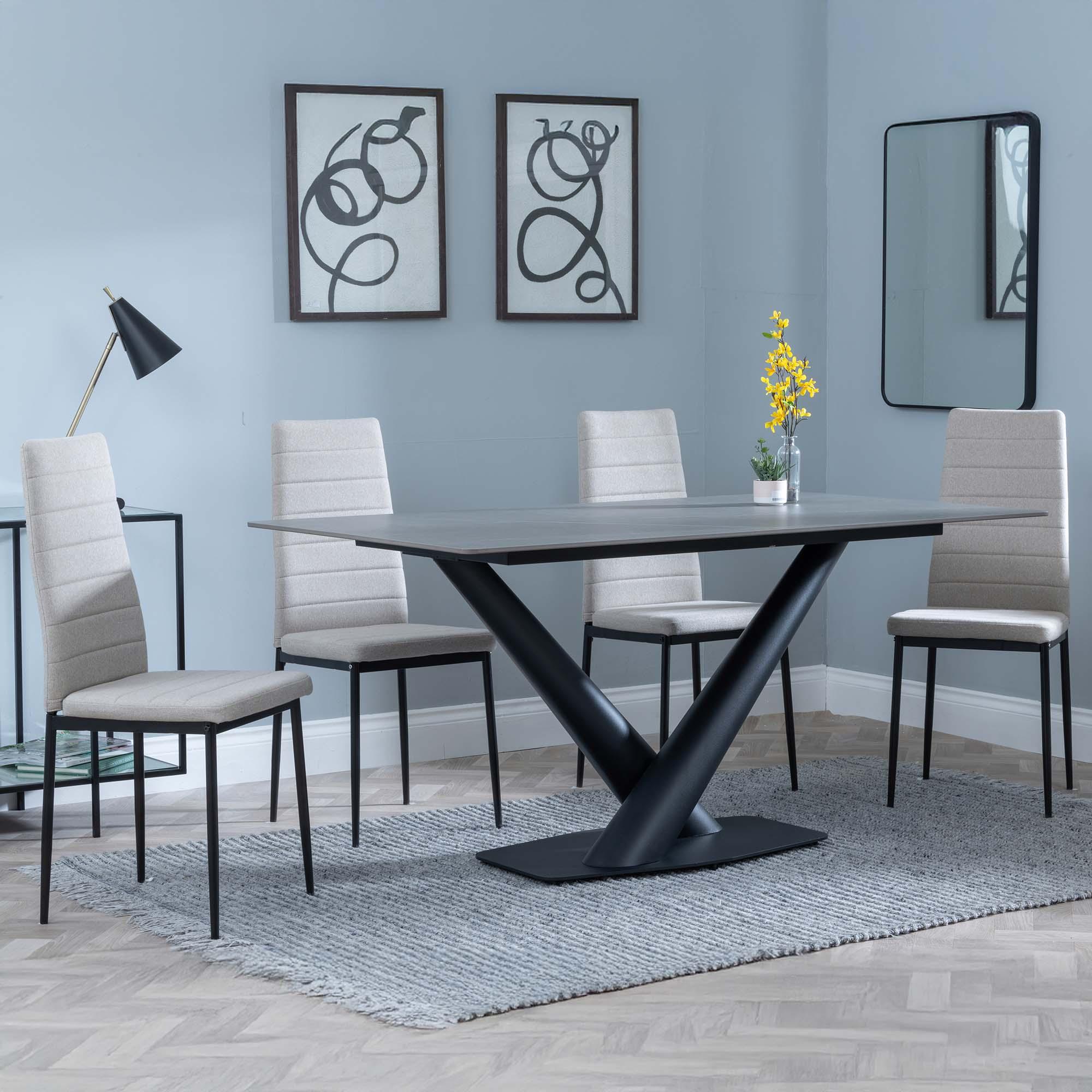 Maldon Dining Set - 6 Seater - 160cm - Grey Ceramic - Lido Dining Chairs - Sand Fabric - Black Legs