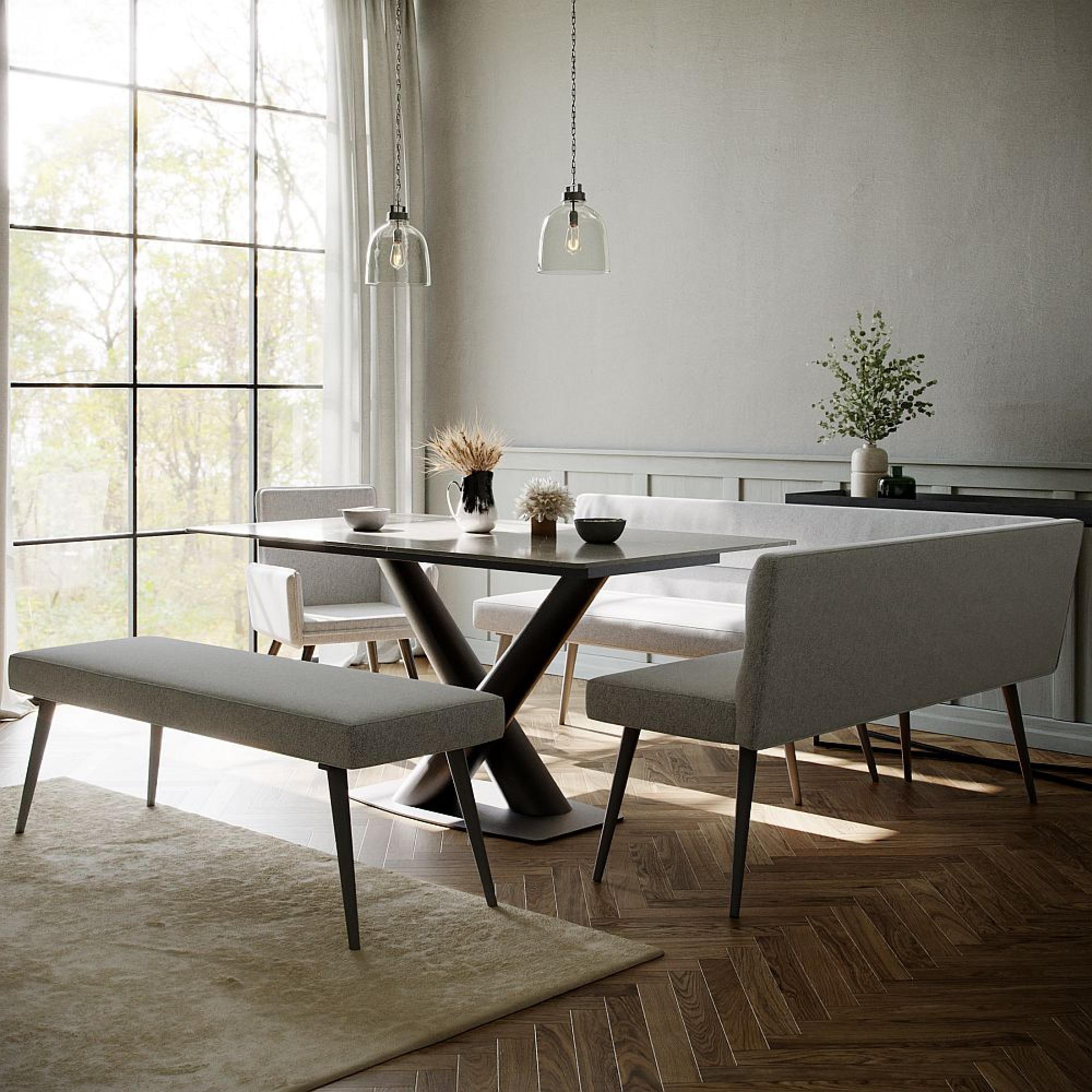 Maldon Dining Set - 6 Seater - 160cm - Grey Ceramic - Monza Grey Fabric - RHF Corner Bench + Low Bench + Armchair