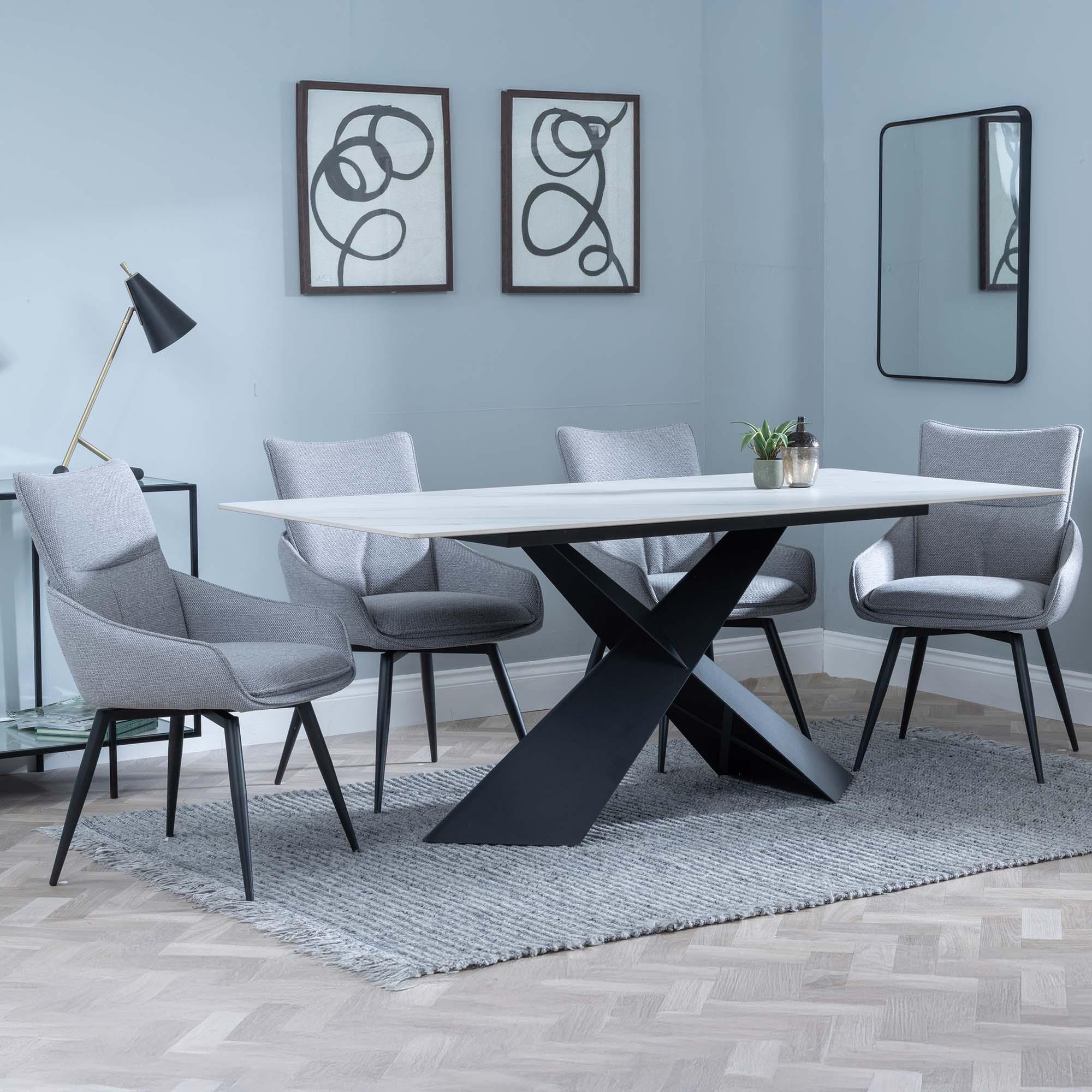 Merlin Dining Set - 6 Seater - 180cm - White Ceramic - Ace Swivel Dining Chairs - Grey Fabric