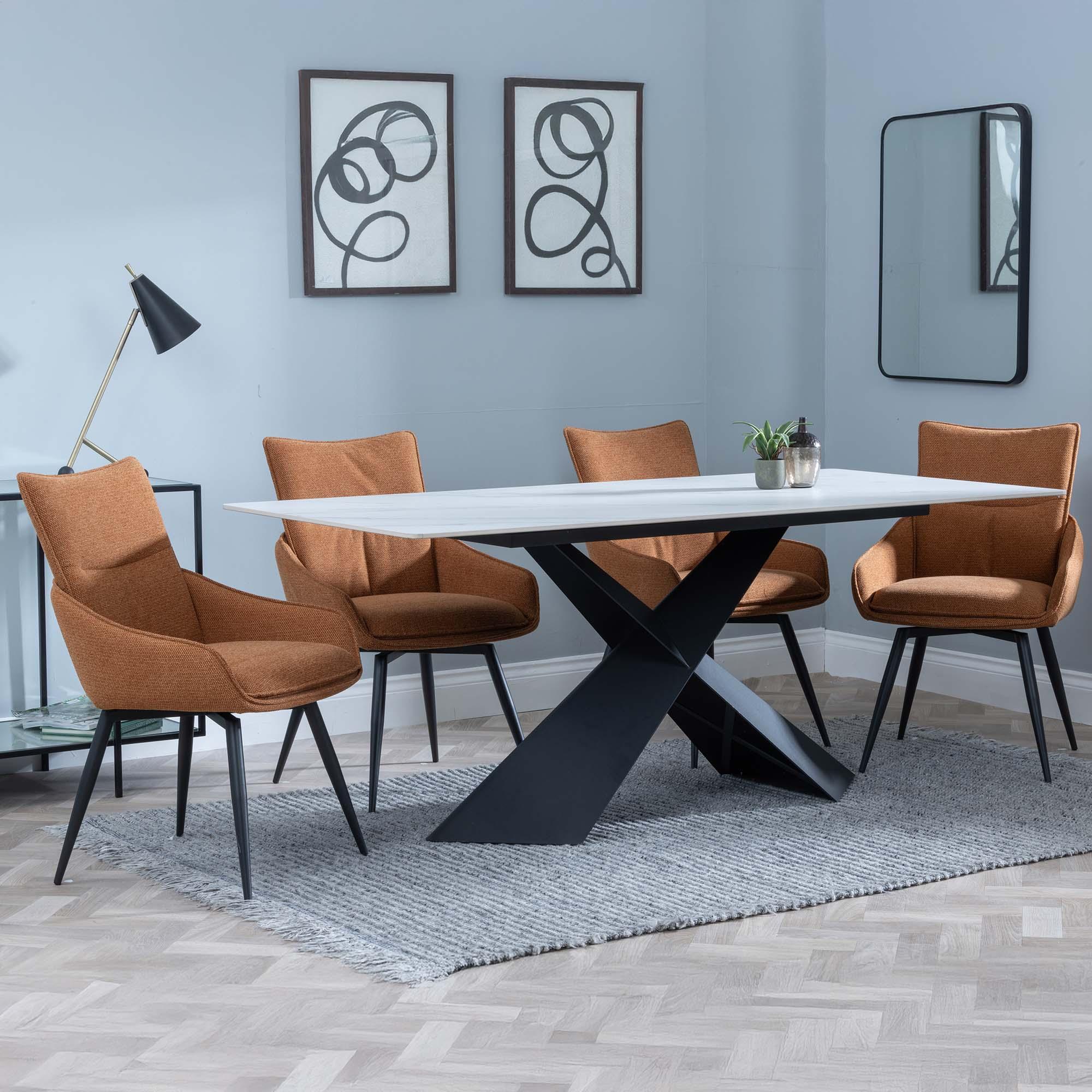 Merlin Dining Set - 6 Seater - 180cm - White Ceramic - Ace Swivel Dining Chairs - Orange Fabric