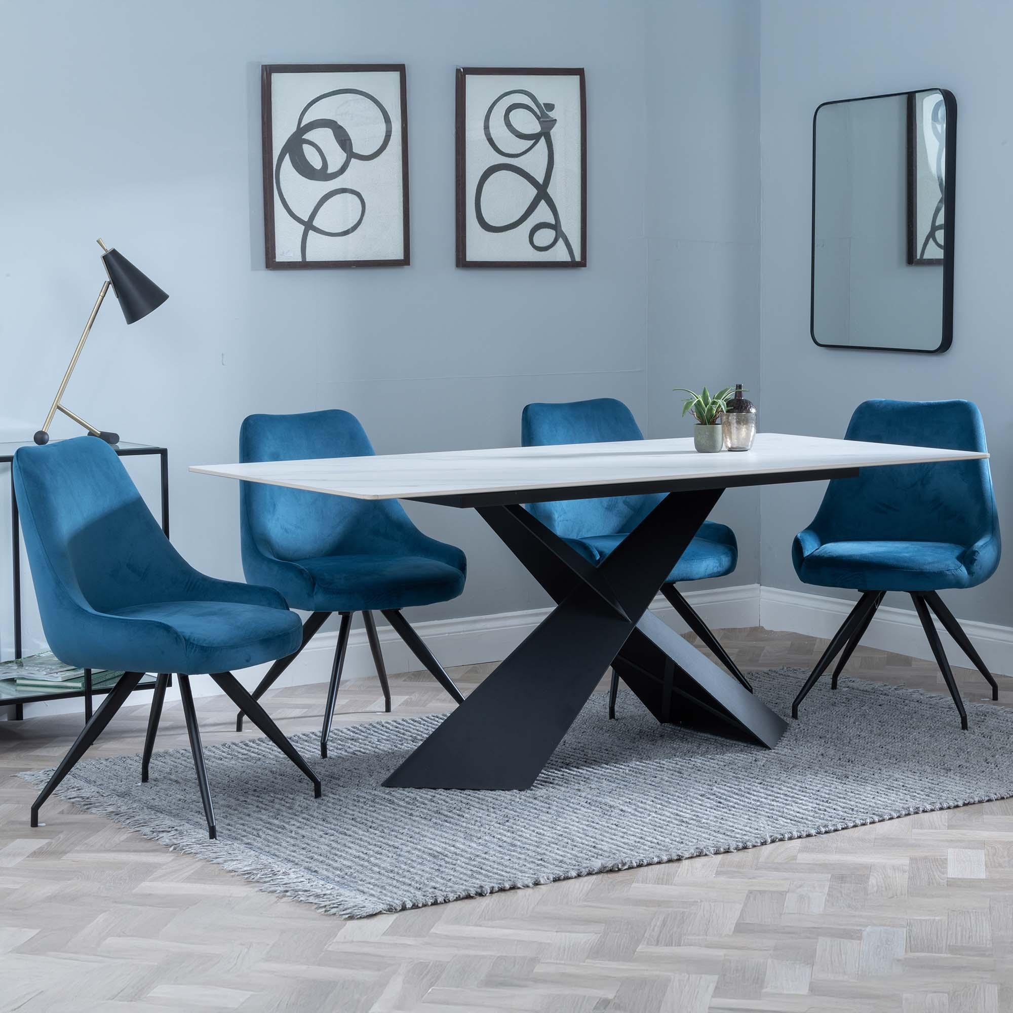 Merlin Dining Set - 6 Seater - 180cm - White Ceramic - Arctic Swivel Dining Chairs - Blue Velvet Fabric
